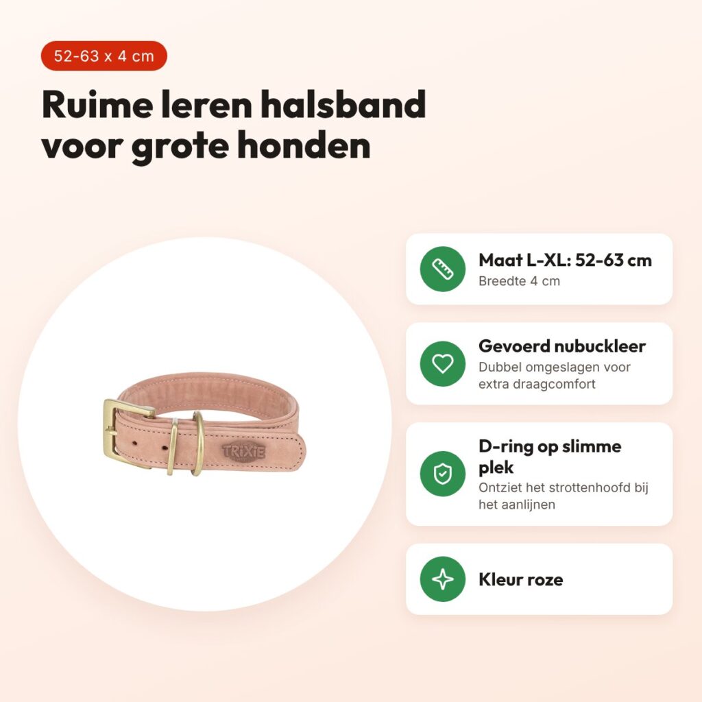 Trixie halsband hond Pure leer roze L-XL 52-63 x 4 cm – voordelen