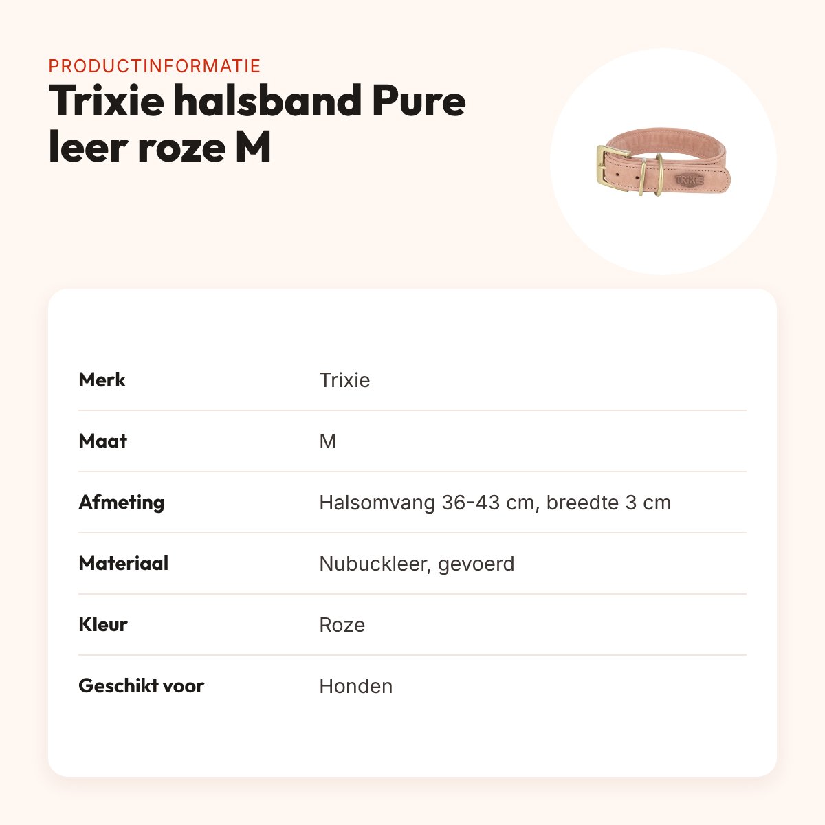 Trixie halsband hond Pure leer roze M 36-43 x 3 cm – productinformatie