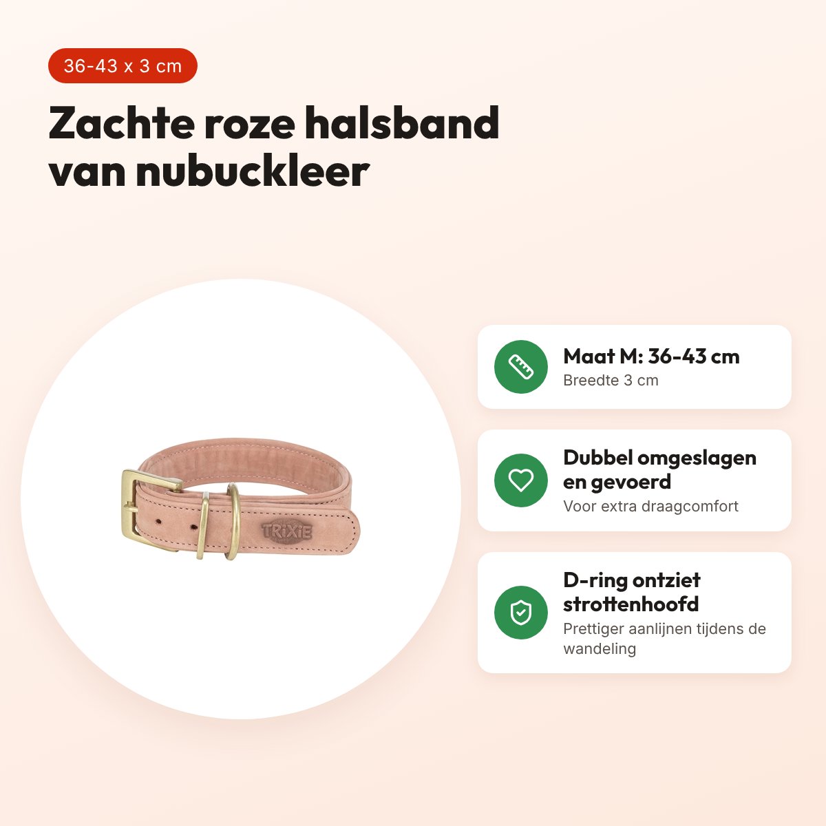 Trixie halsband hond Pure leer roze M 36-43 x 3 cm – voordelen