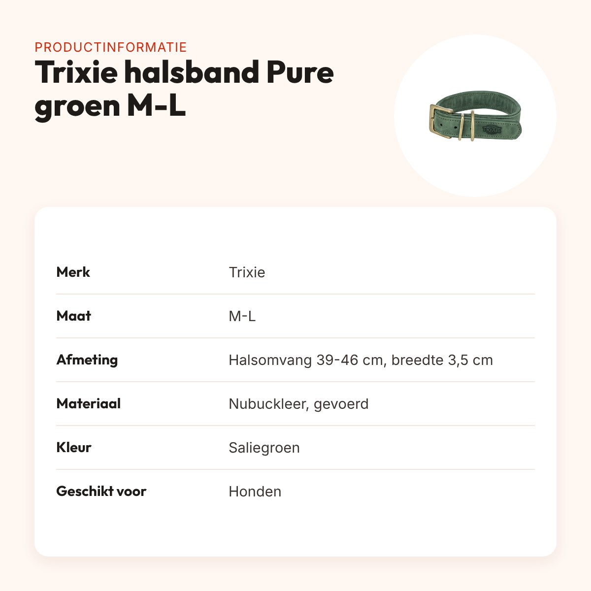 Trixie halsband hond Pure leer saliegroen M-L 39-46 x 3,5 cm – productinformatie