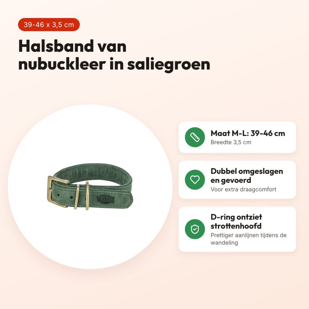 Trixie halsband hond Pure leer saliegroen M-L 39-46 x 3,5 cm – voordelen