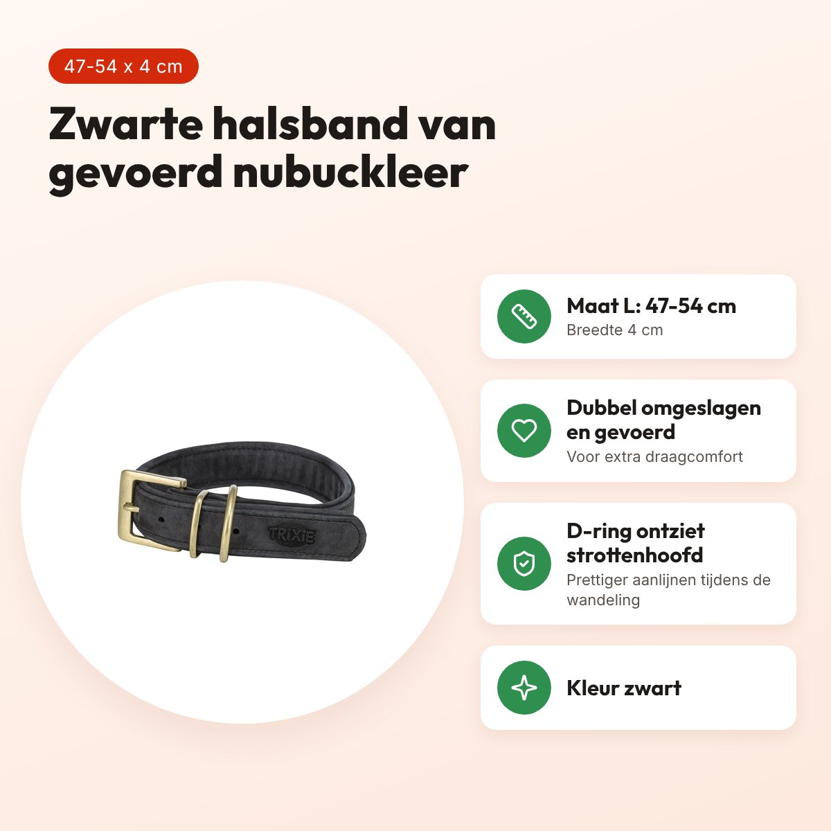 Trixie halsband hond Pure leer zwart L 47-54 x 4 cm – voordelen