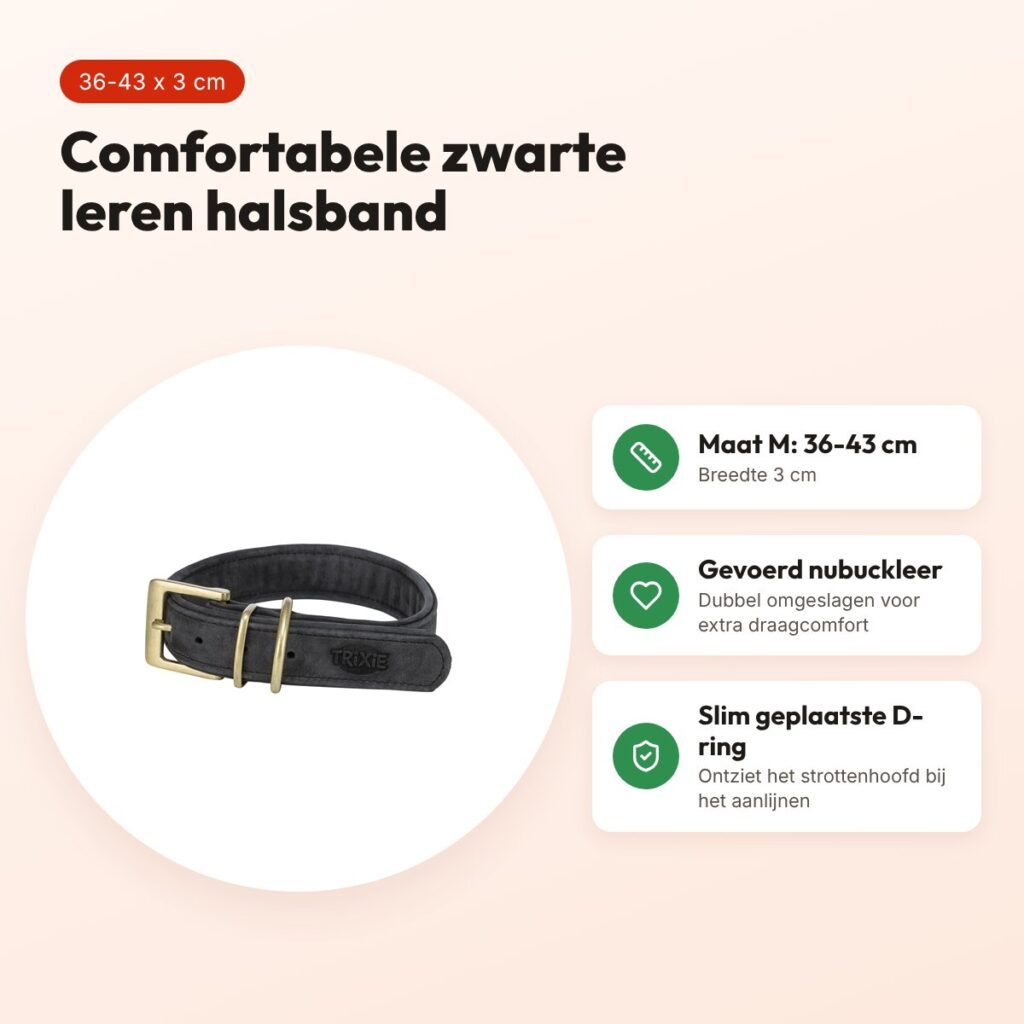 Trixie halsband hond Pure leer zwart M 36-43 x 3 cm – voordelen