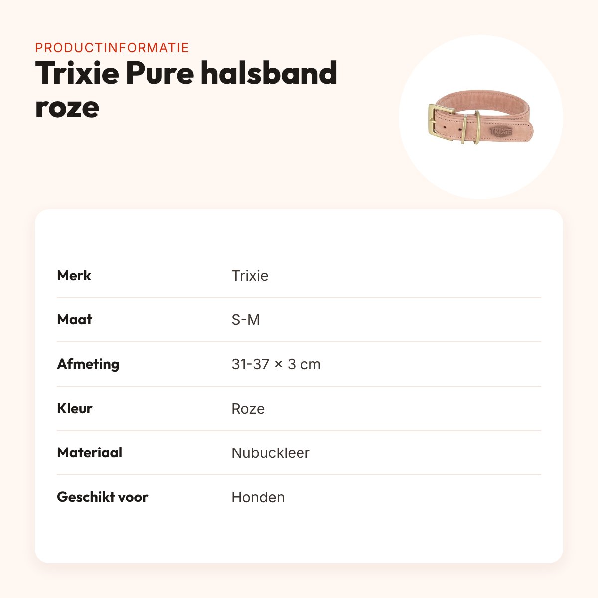 Trixie halsband Pure Leer nubuckleer roze S-M 31-37 x 3 cm – productinformatie