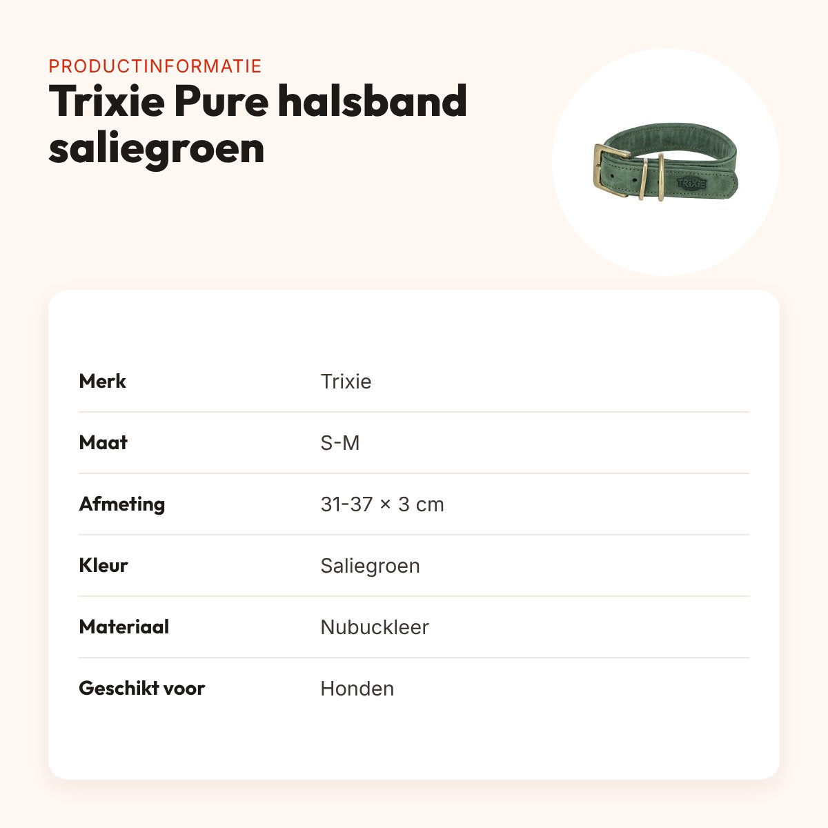 Trixie halsband Pure Leer nubuckleer saliegroen S-M 31-37 x 3 cm – productinformatie