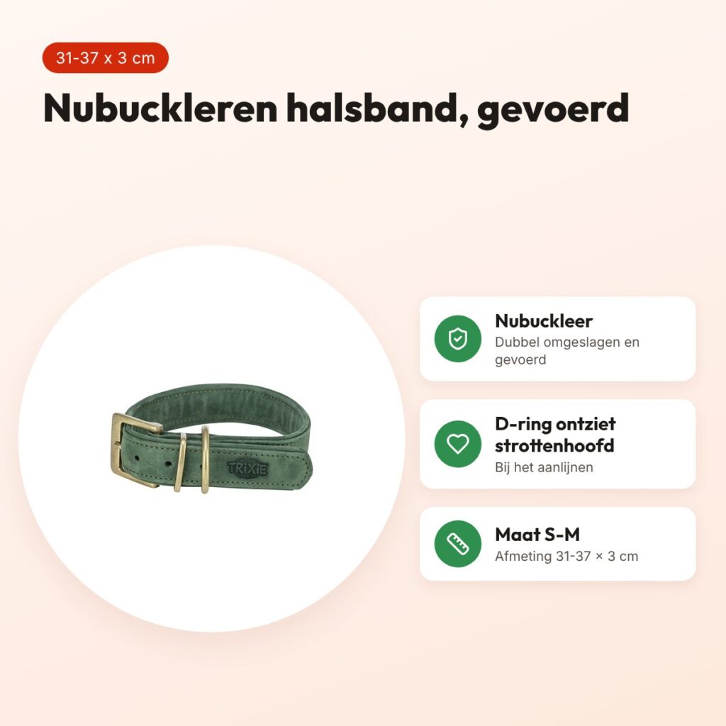 Trixie halsband Pure Leer nubuckleer saliegroen S-M 31-37 x 3 cm – voordelen
