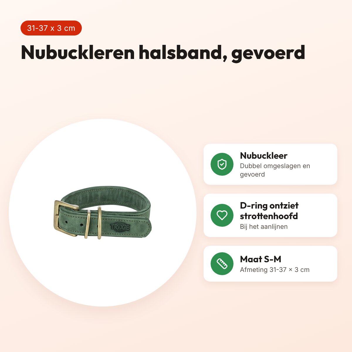 Trixie halsband Pure Leer nubuckleer saliegroen S-M 31-37 x 3 cm – voordelen