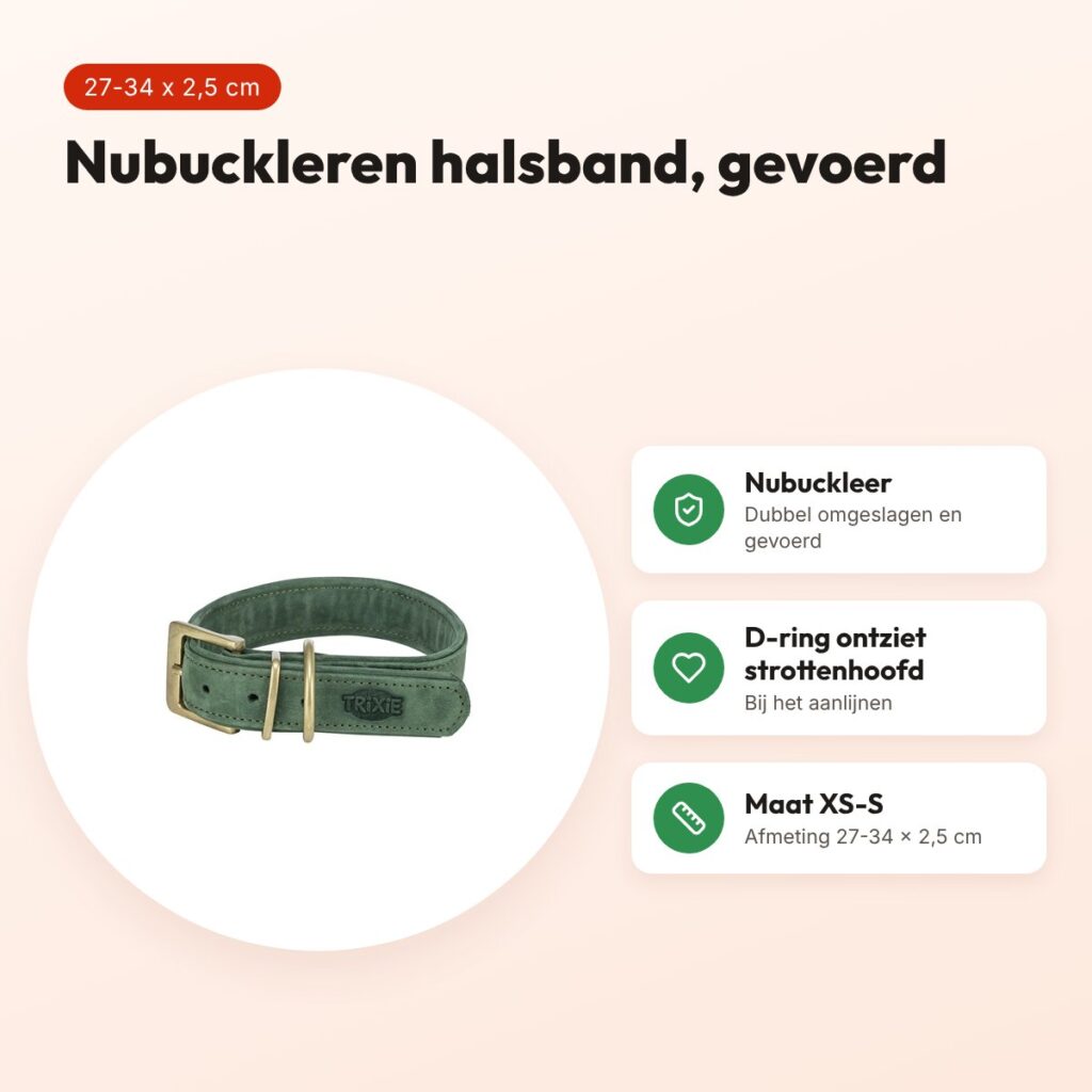 Trixie halsband Pure Leer nubuckleer saliegroen XS-S 27-34 x 2,5 cm – voordelen
