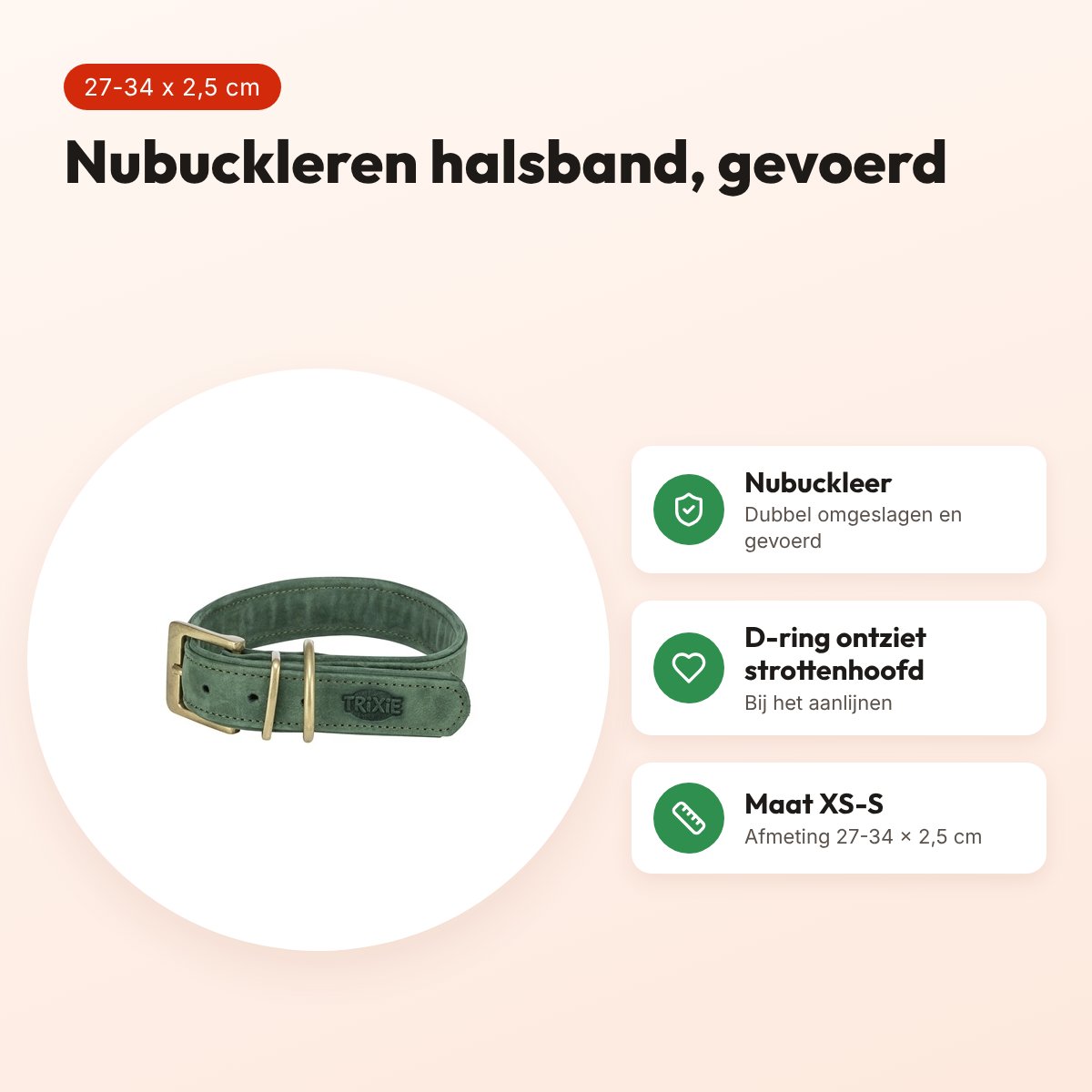 Trixie halsband Pure Leer nubuckleer saliegroen XS-S 27-34 x 2,5 cm – voordelen