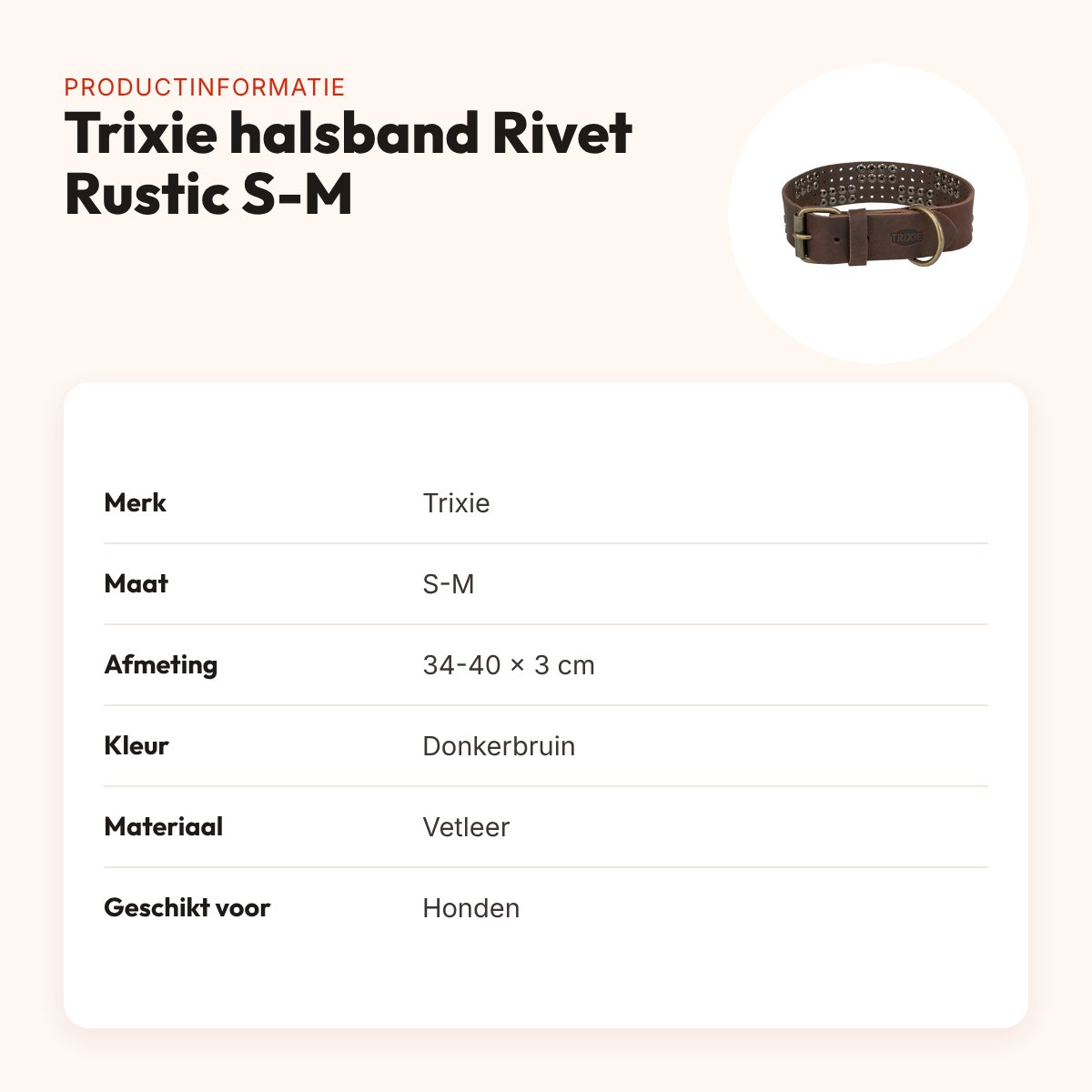 Trixie halsband Rivet Rustic vetleer donkerbruin S-M 34-40 cm – productinformatie