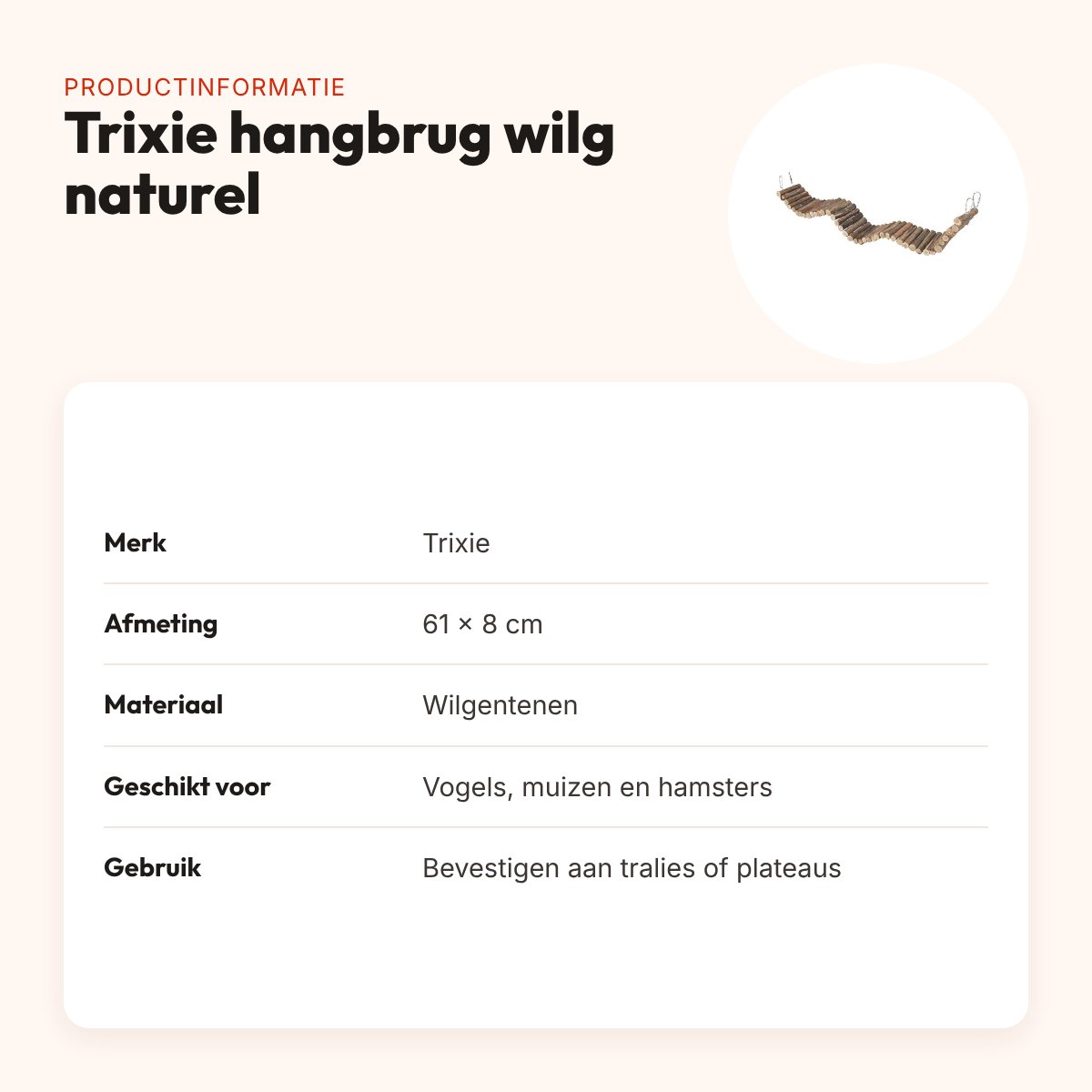 Trixie hangbrug wilg naturel 61 x 8 cm – voor vogels en kleine knaagdieren – productinformatie