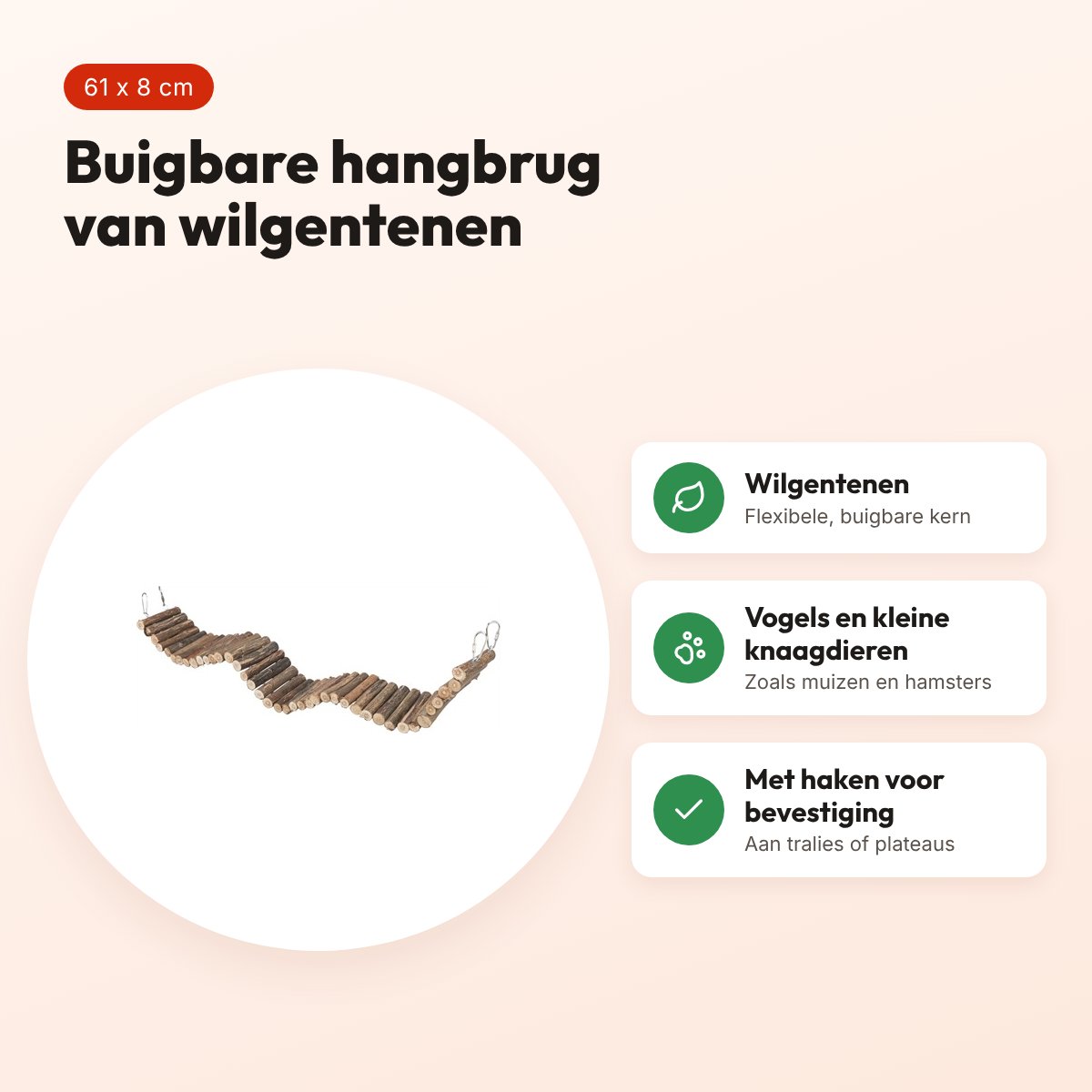 Trixie hangbrug wilg naturel 61 x 8 cm – voor vogels en kleine knaagdieren – voordelen