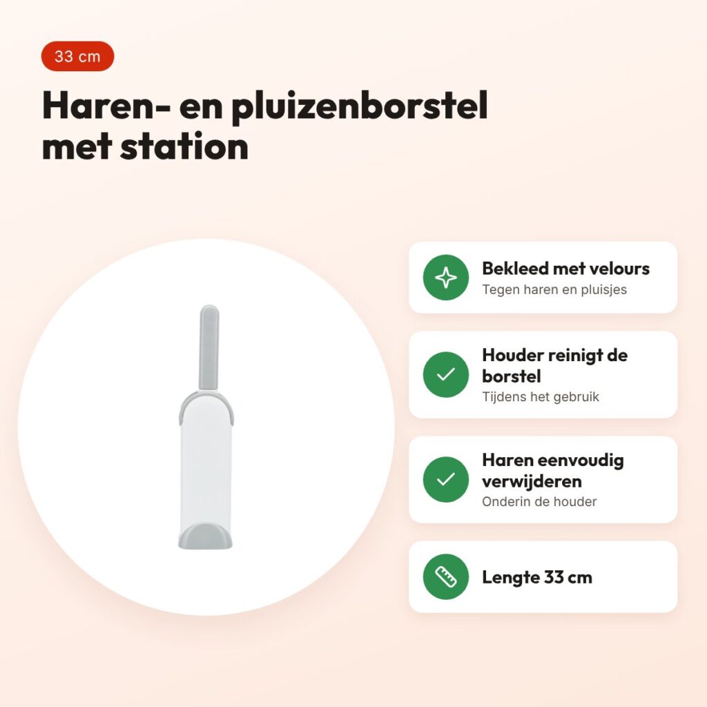 Trixie harenpluizenborstel met reinigingsstation wit/grijs 33 cm – voordelen