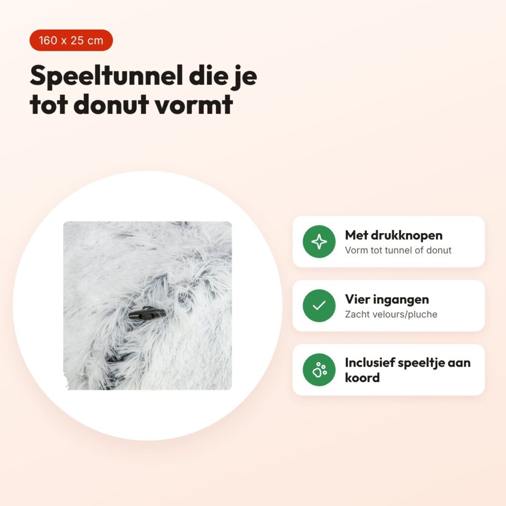 Trixie Harvey pluche speeltunnel/donut wit/grijs 160 x 25 cm – voordelen