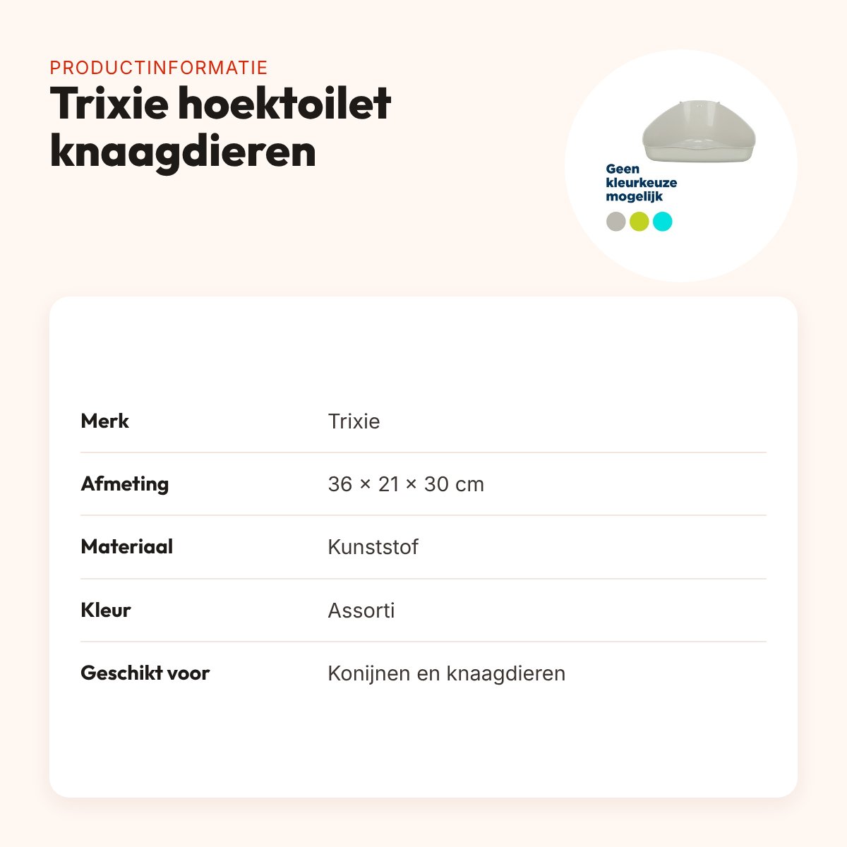 Trixie hoektoilet knaagdieren 36 x 21 x 30 cm – kunststof, assorti kleur – productinformatie