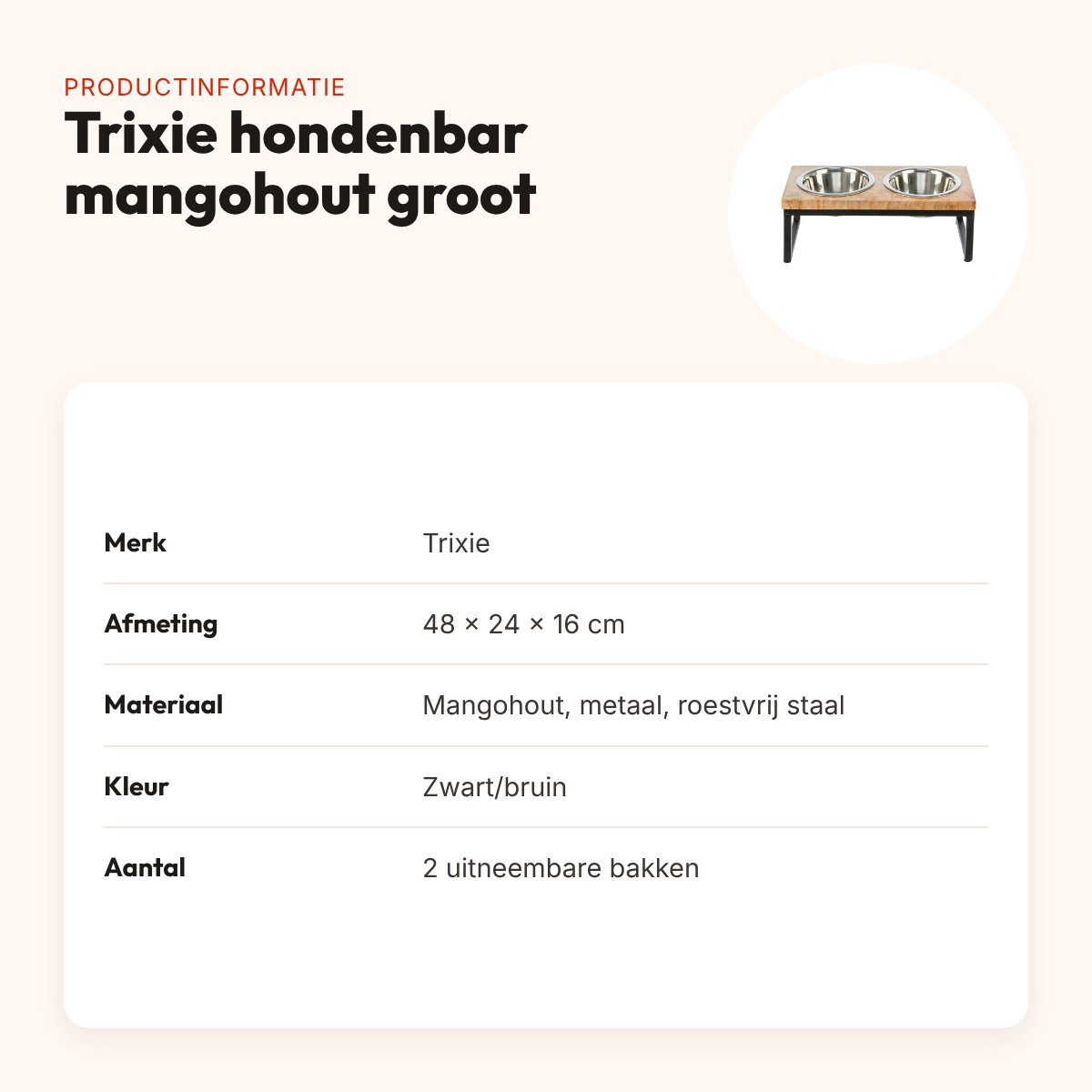 Trixie hondenbar voerbak en drinkbak mangohout zwart/bruin 48 x 24 x 16 cm – productinformatie