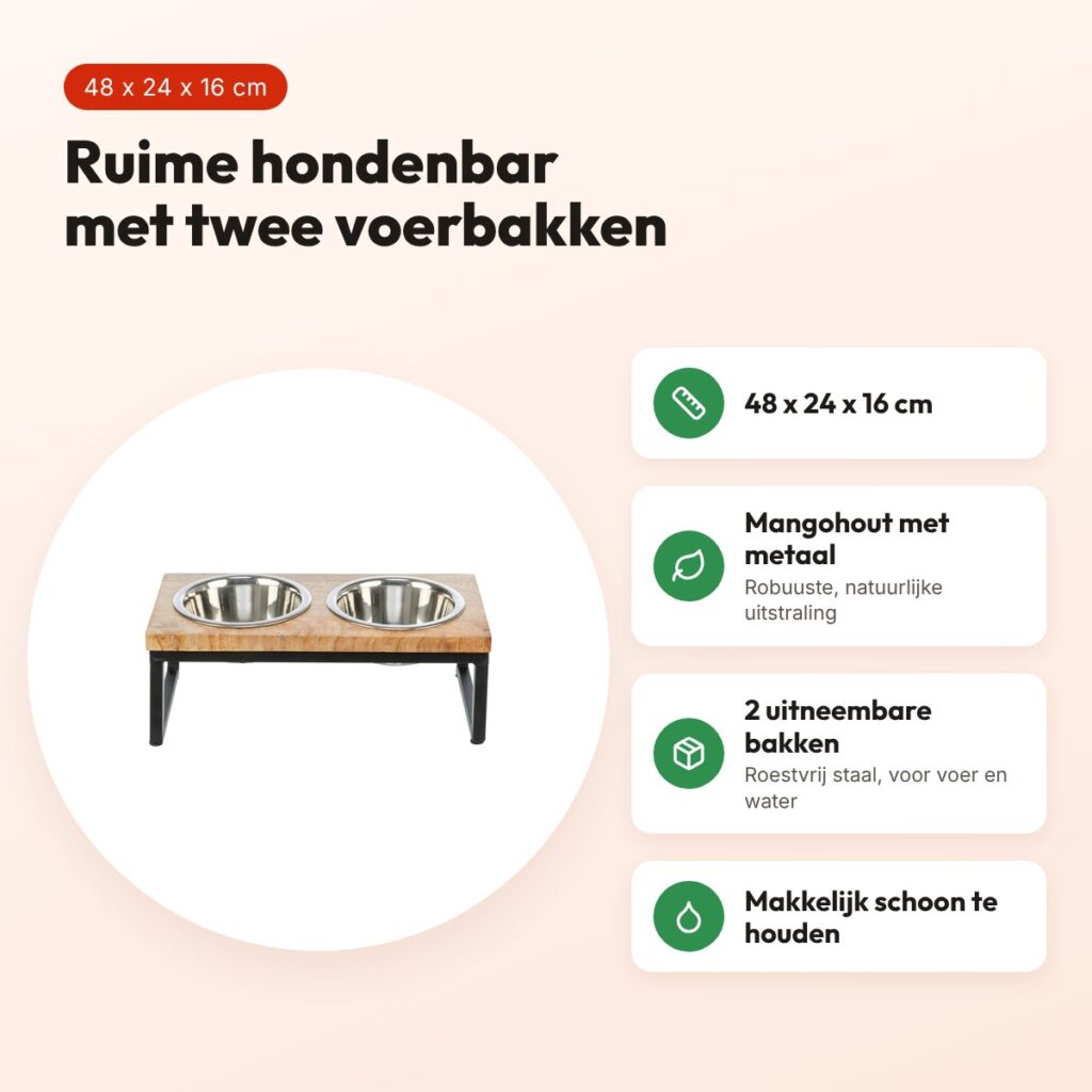 Trixie hondenbar voerbak en drinkbak mangohout zwart/bruin 48 x 24 x 16 cm – voordelen