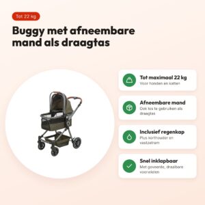 Trixie hondenbuggy olijfgroen – afneembare mand, tot 22 kg – voordelen