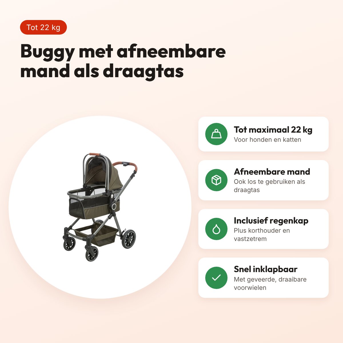Trixie hondenbuggy olijfgroen – afneembare mand, tot 22 kg – voordelen