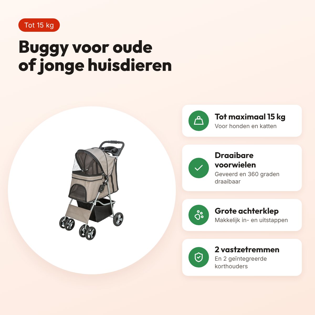 Trixie hondenbuggy taupe – voor honden en katten tot 15 kg – voordelen