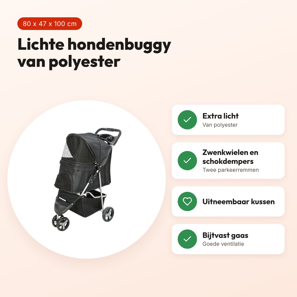 Trixie hondenbuggy zwart 80 x 47 x 100 cm – lichtgewicht, polyester – voordelen