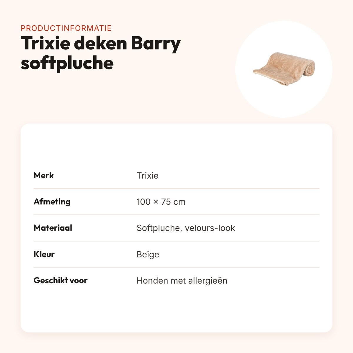 Trixie hondendeken Barry softpluche beige 100 x 75 cm – velours-look – productinformatie
