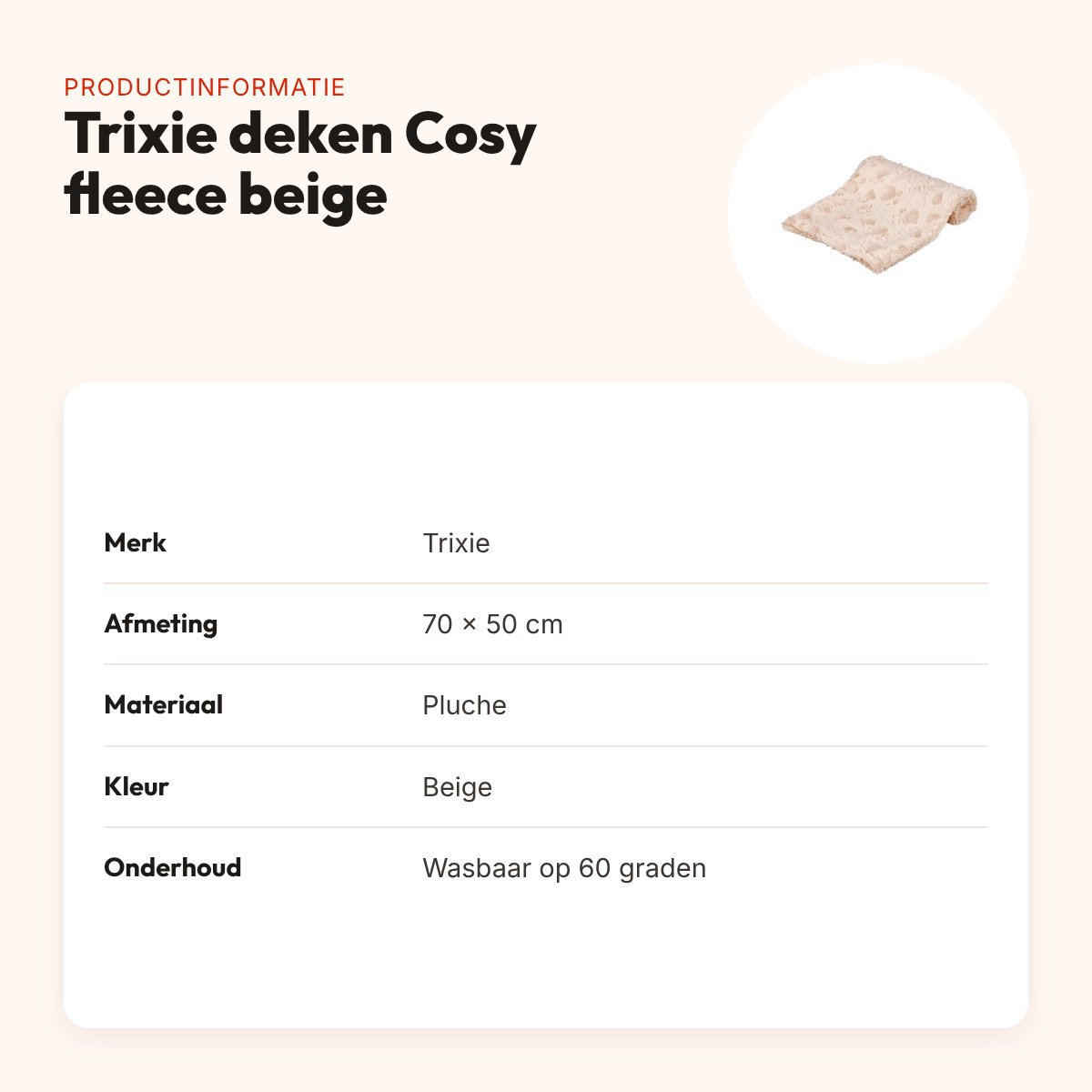 Trixie hondendeken Cosy fleece beige 70 x 50 cm – wasbaar op 60 °C – productinformatie