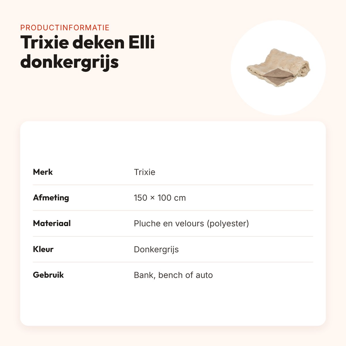 Trixie hondendeken Elli donkergrijs 150 x 100 cm – pluche en velours – productinformatie
