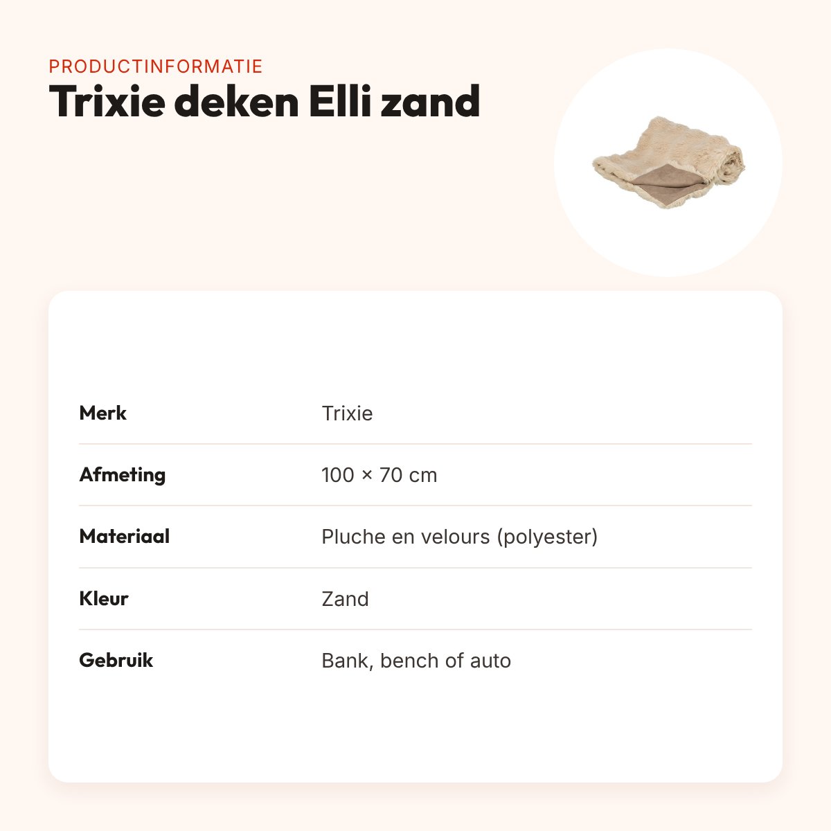 Trixie hondendeken Elli zand 100 x 70 cm – pluche en velours – productinformatie