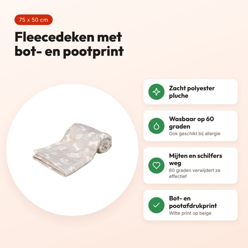 Trixie hondendeken Kenny beige 75 x 50 cm – fleece met bot- en pootprint – voordelen