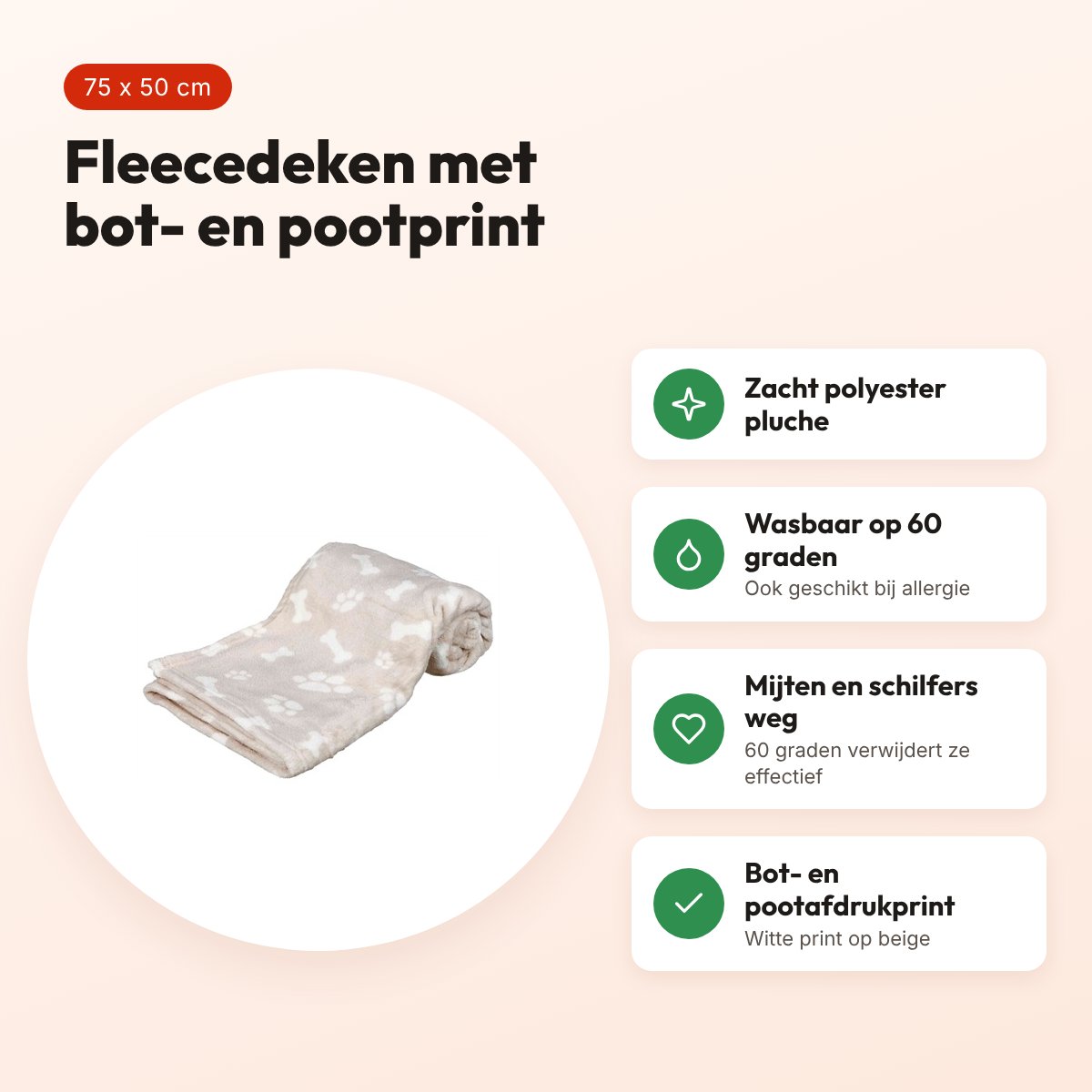 Trixie hondendeken Kenny beige 75 x 50 cm – fleece met bot- en pootprint – voordelen