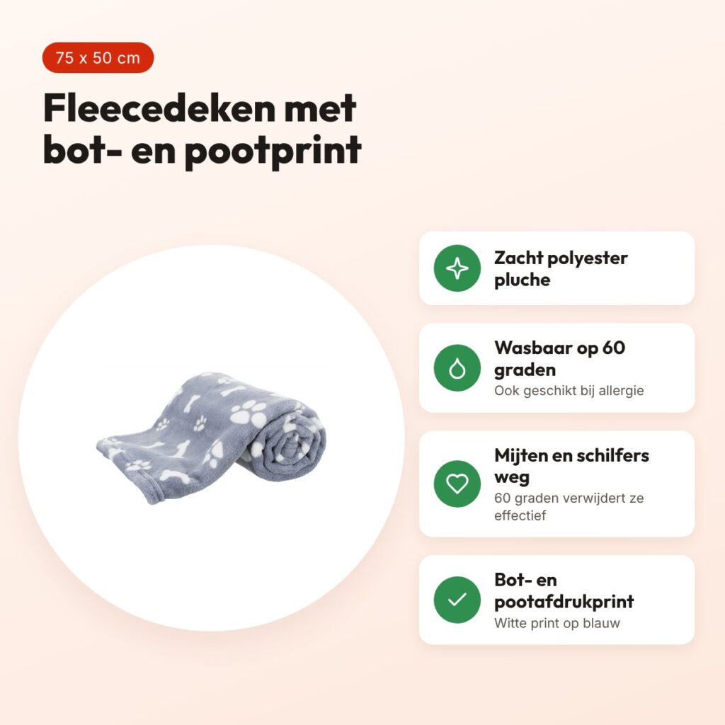 Trixie hondendeken Kenny blauw 75 x 50 cm – fleece met bot- en pootprint – voordelen
