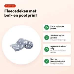 Trixie hondendeken Kenny blauw 75 x 50 cm – fleece met bot- en pootprint – voordelen
