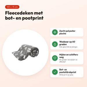 Trixie hondendeken Kenny grijs 100 x 75 cm – fleece met bot- en pootprint – voordelen