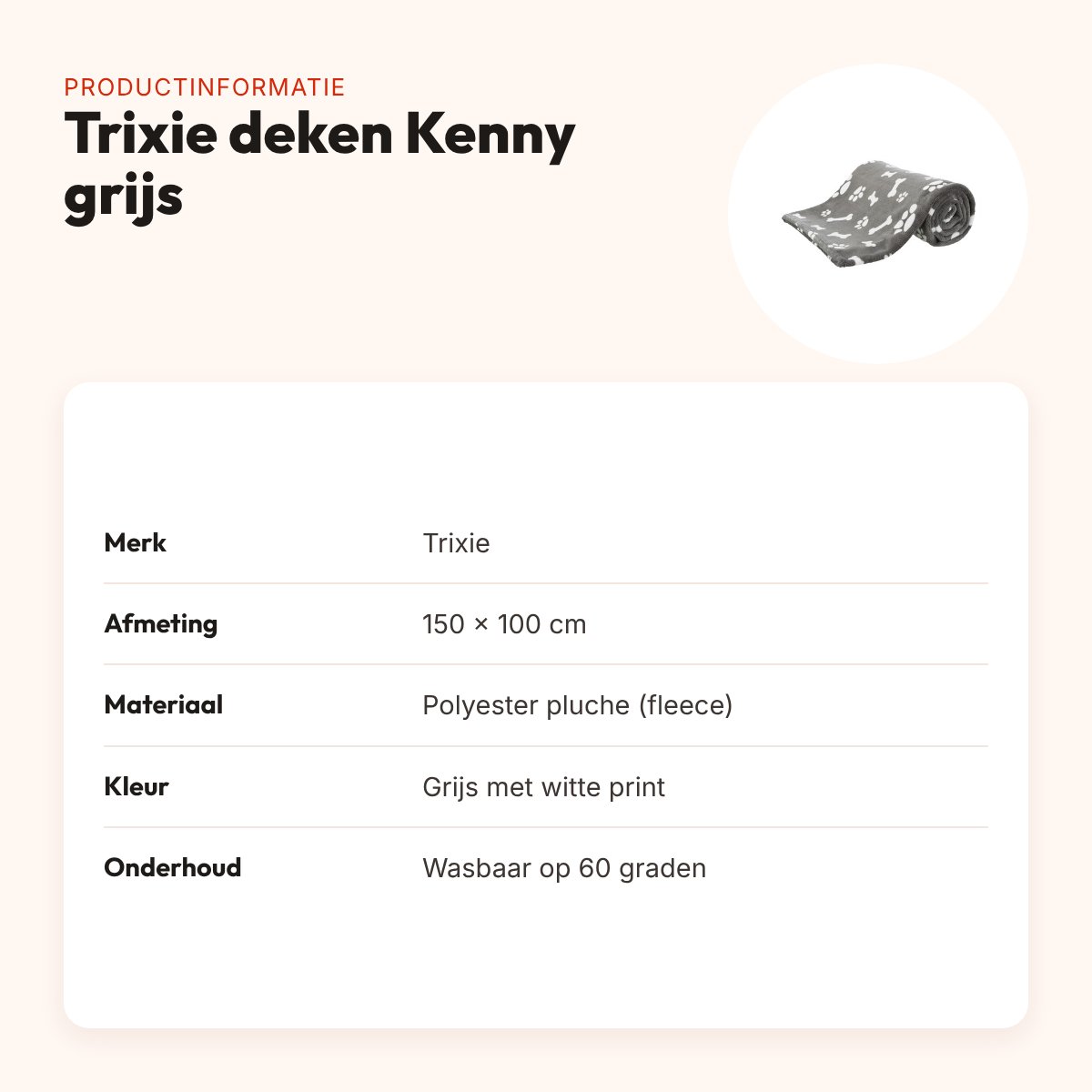Trixie hondendeken Kenny grijs 150 x 100 cm – fleece met bot- en pootprint – productinformatie