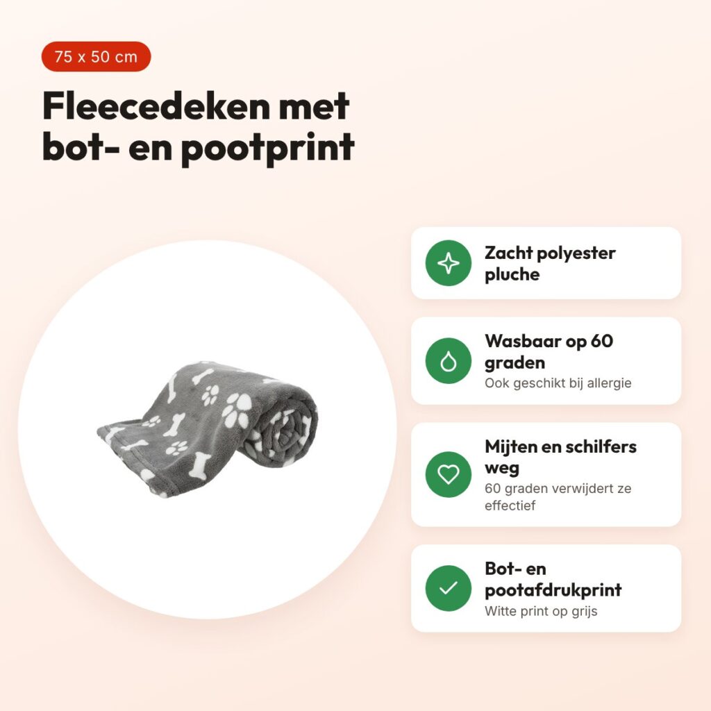Trixie hondendeken Kenny grijs 75 x 50 cm – fleece met bot- en pootprint – voordelen