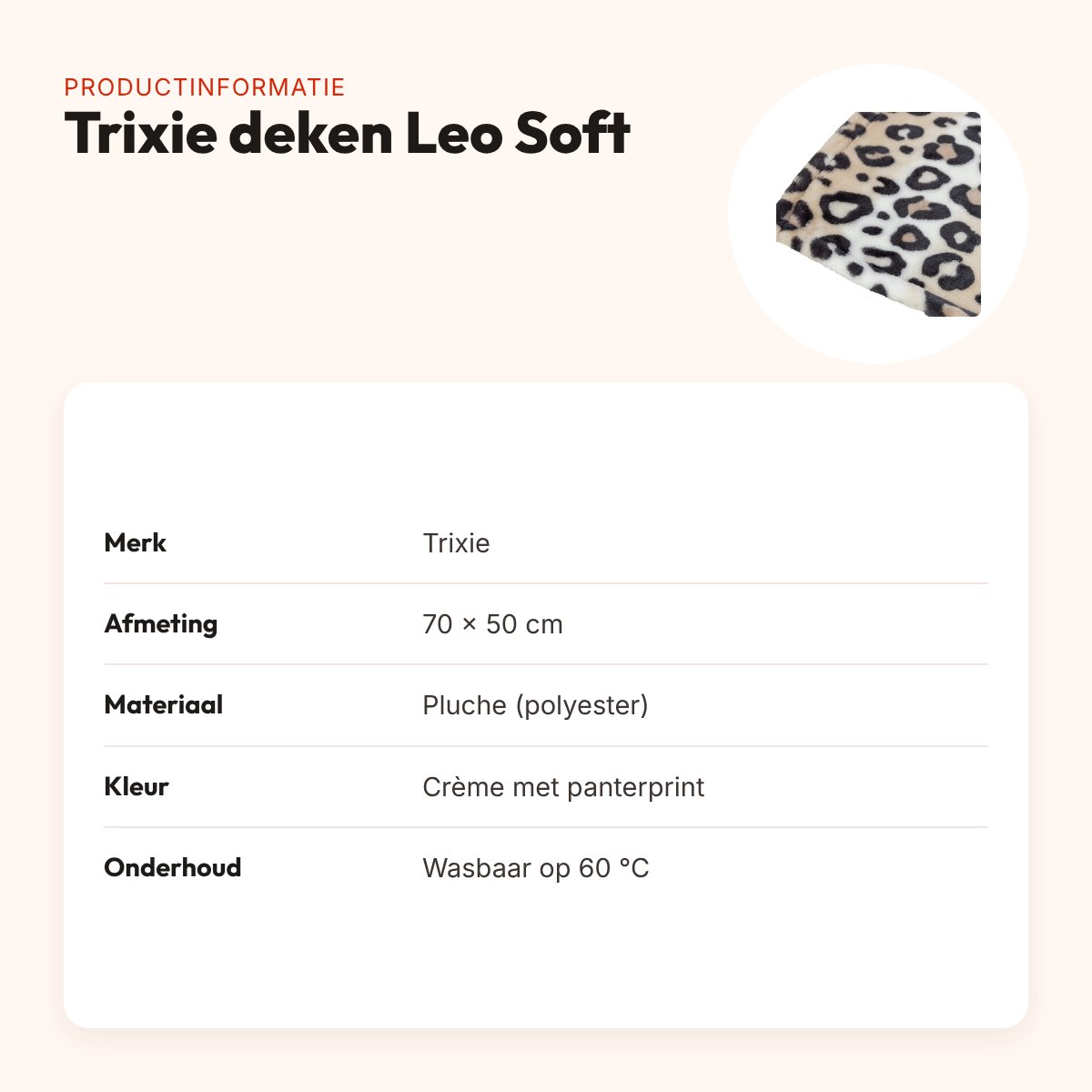 Trixie hondendeken Leo Soft crème met panterprint 70 x 50 cm – pluche – productinformatie