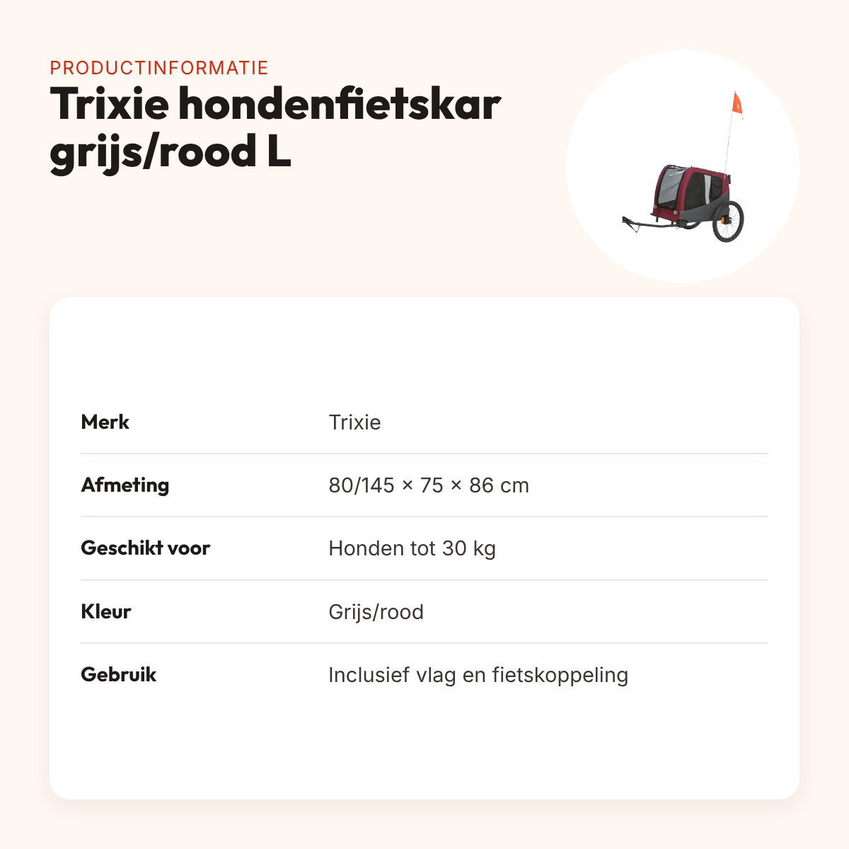 Trixie hondenfietskar grijs/rood 80/145 x 75 x 86 cm – tot 30 kg – productinformatie