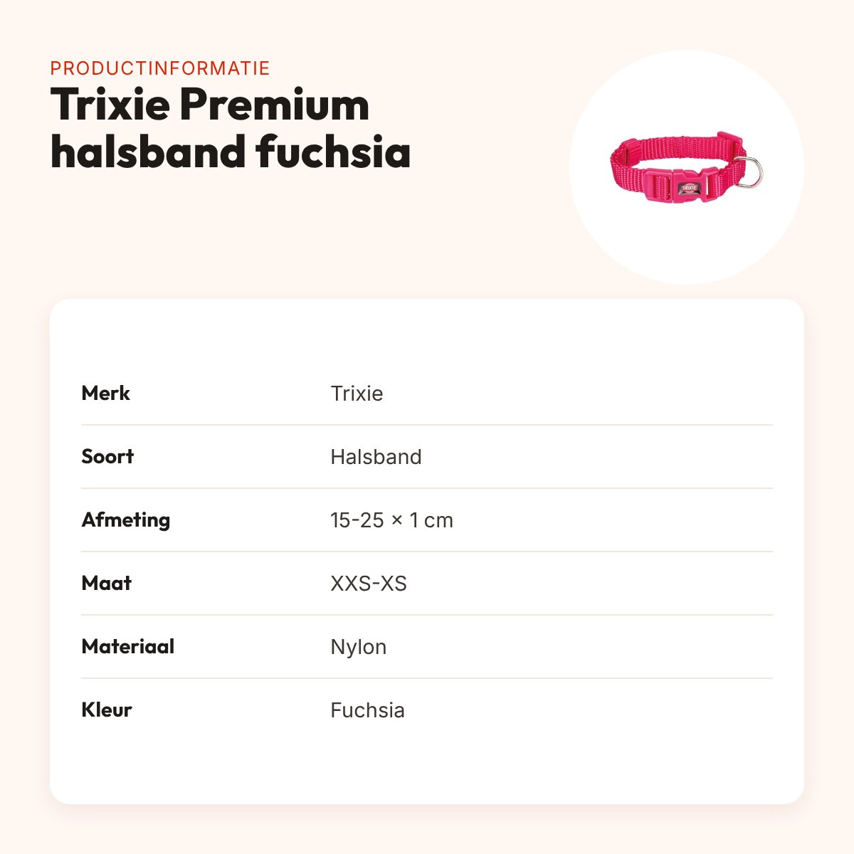 Trixie hondenhalsband Premium fuchsia 15-25 cm x 1 cm – maat XXS-XS – productinformatie