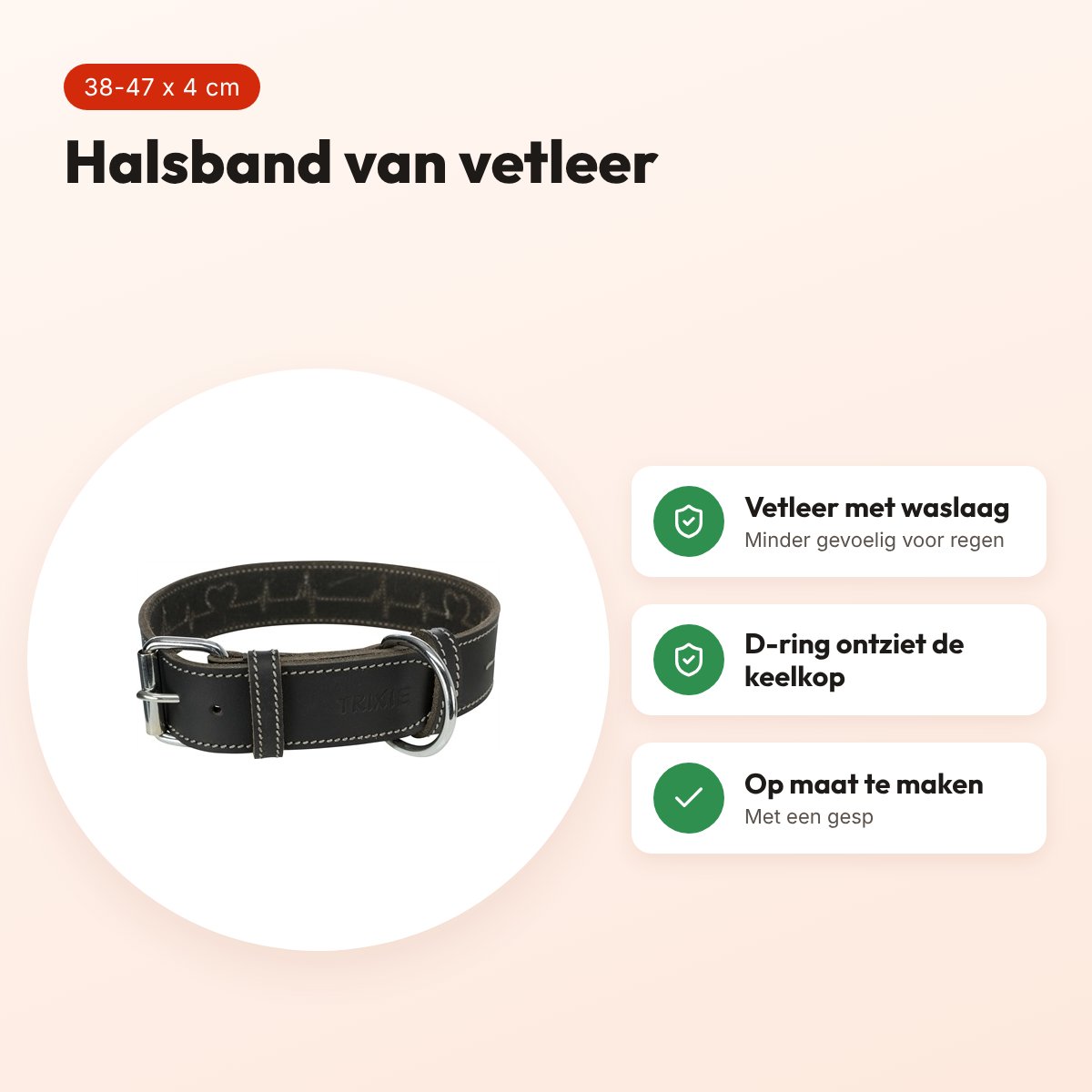 Trixie hondenhalsband Rustic Heartbeat vetleer zwart 38-47 cm x 4 cm – voordelen