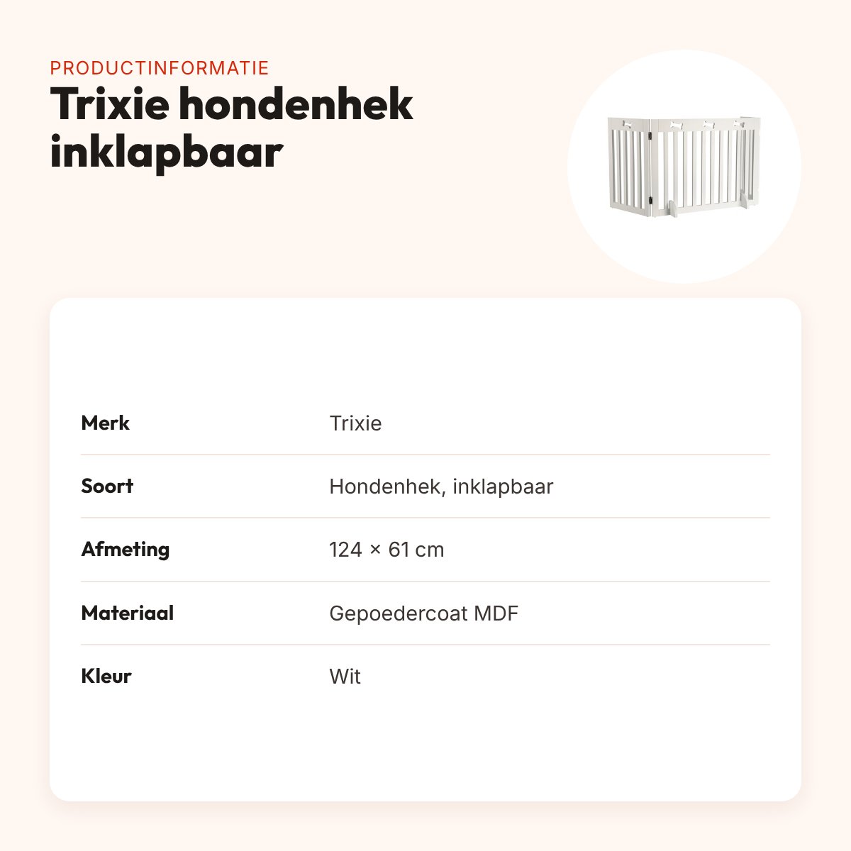 Trixie hondenhek wit 124 x 61 cm – inklapbaar, gepoedercoat MDF – productinformatie