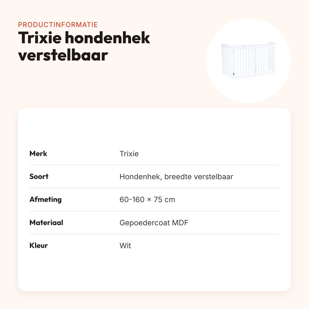 Trixie hondenhek wit 60-160 x 75 cm – in breedte verstelbaar, MDF – productinformatie