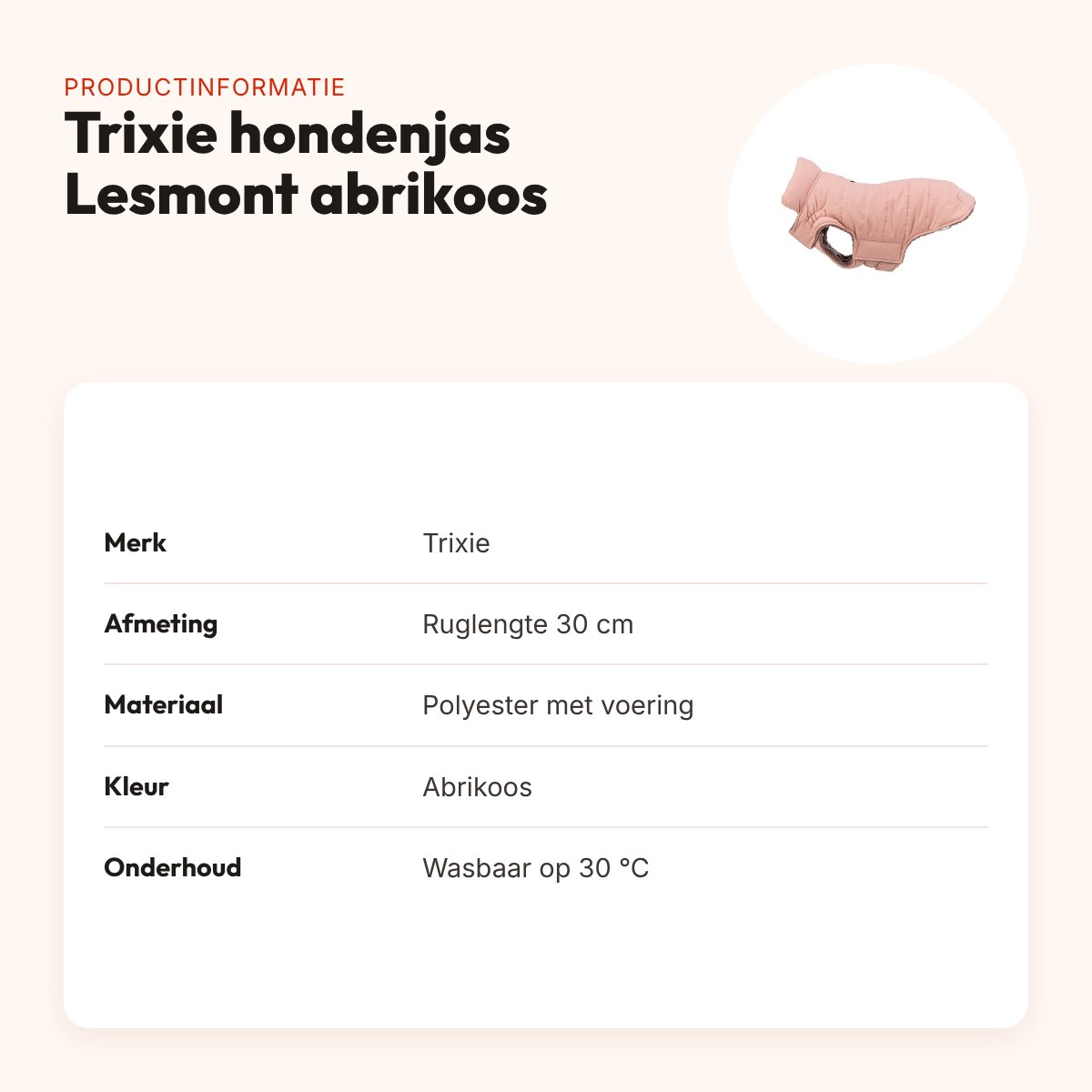 Trixie hondenjas Lesmont abrikoos 30 cm – warm en waterafstotend – productinformatie