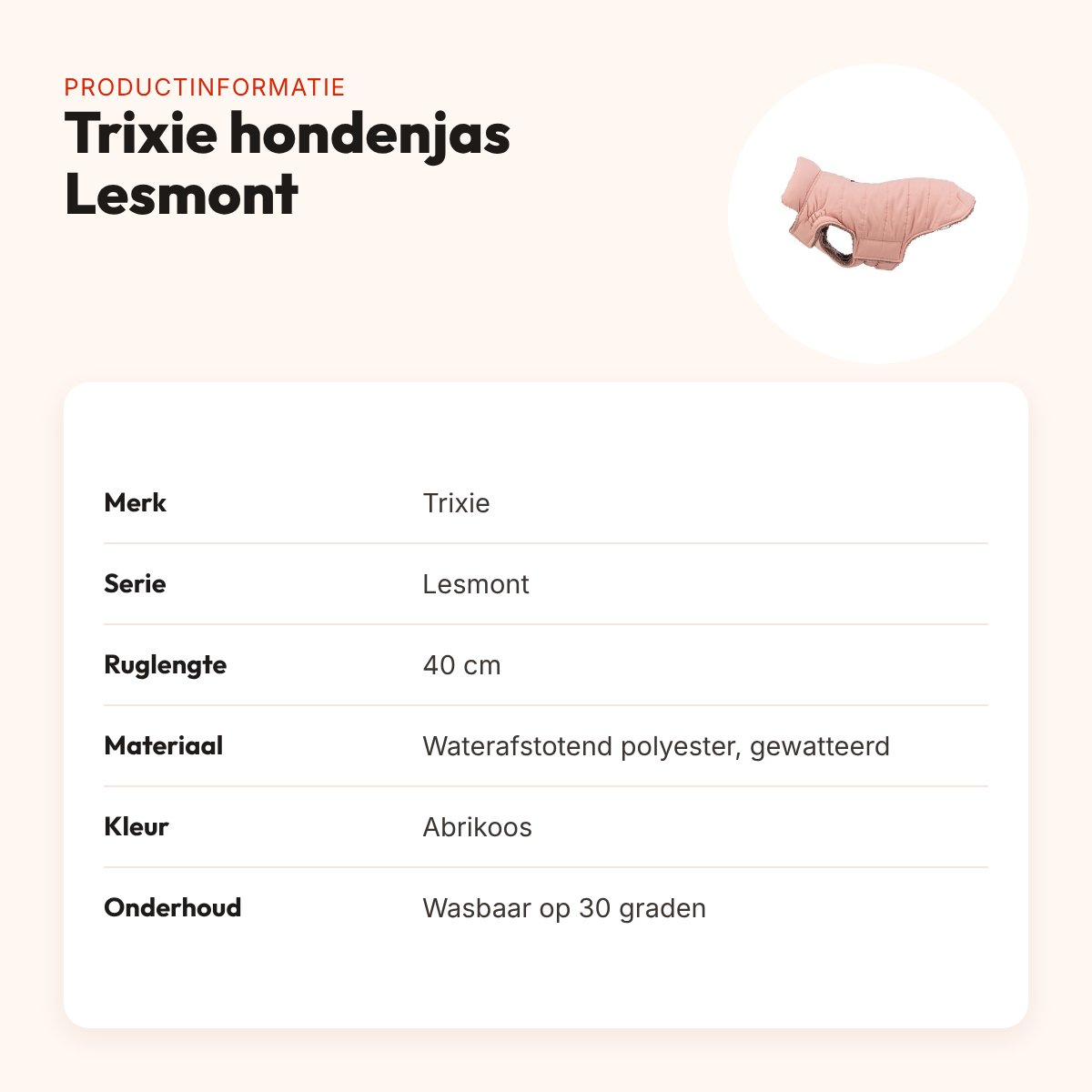 Trixie hondenjas Lesmont abrikoos 40 cm – waterafstotend, slimfit – productinformatie