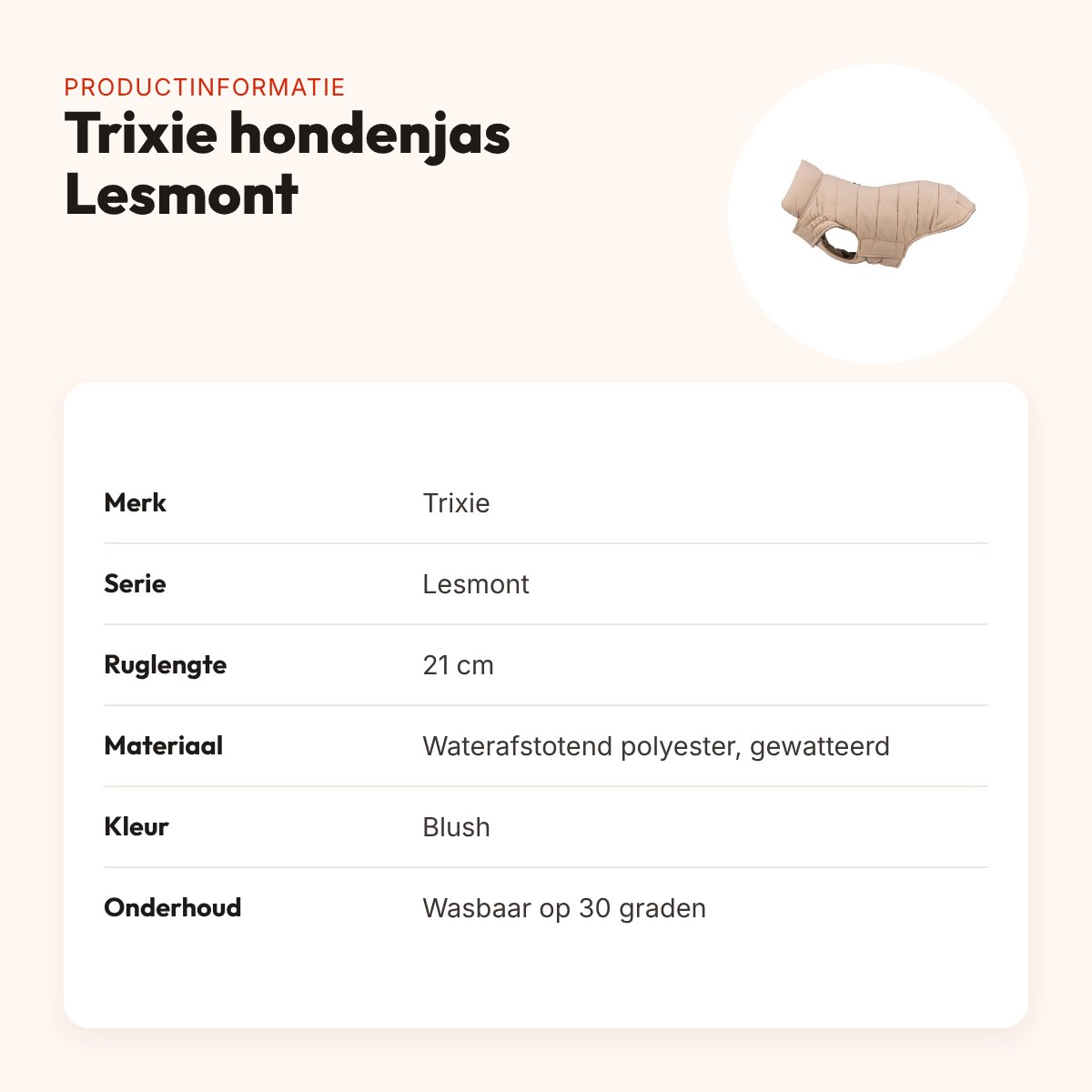 Trixie hondenjas Lesmont blush 21 cm – waterafstotend, slimfit – productinformatie