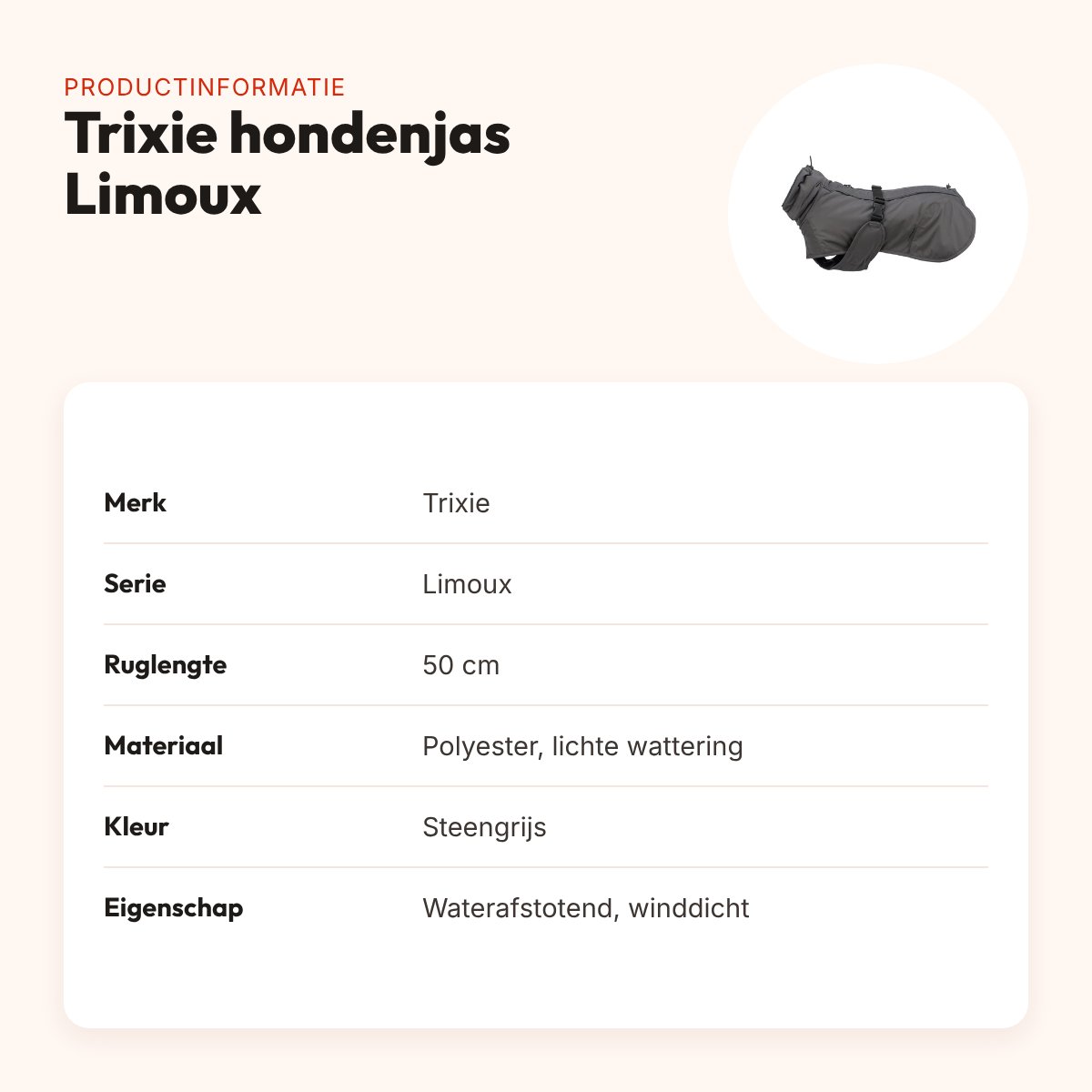 Trixie hondenjas Limoux steengrijs 50 cm – waterafstotend, winddicht – productinformatie