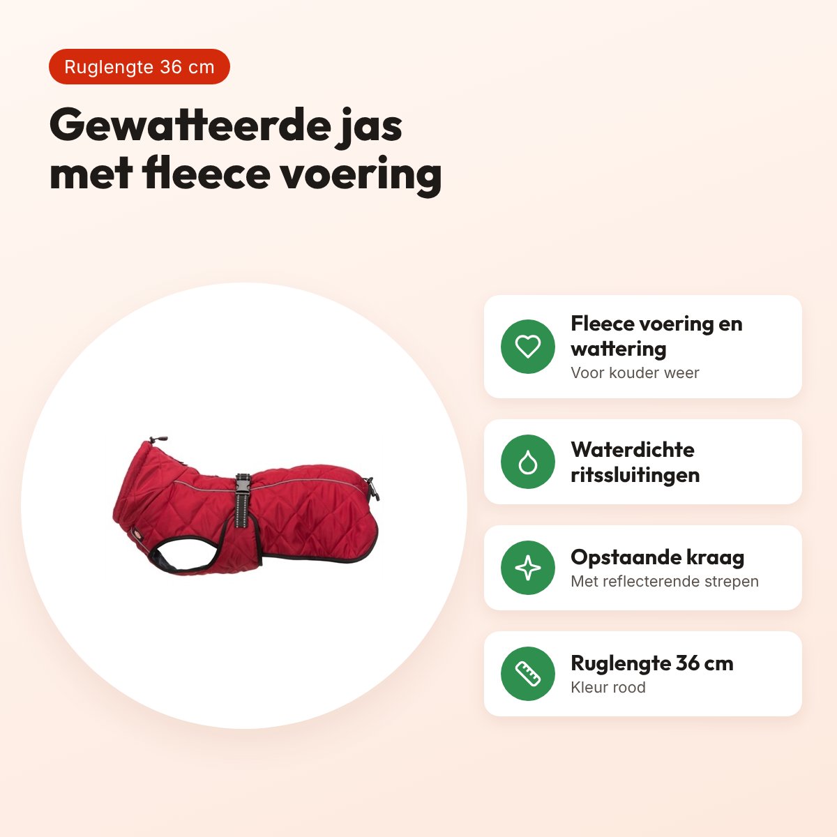 Trixie hondenjas Minot rood 36 cm – gewatteerd, fleece voering – voordelen