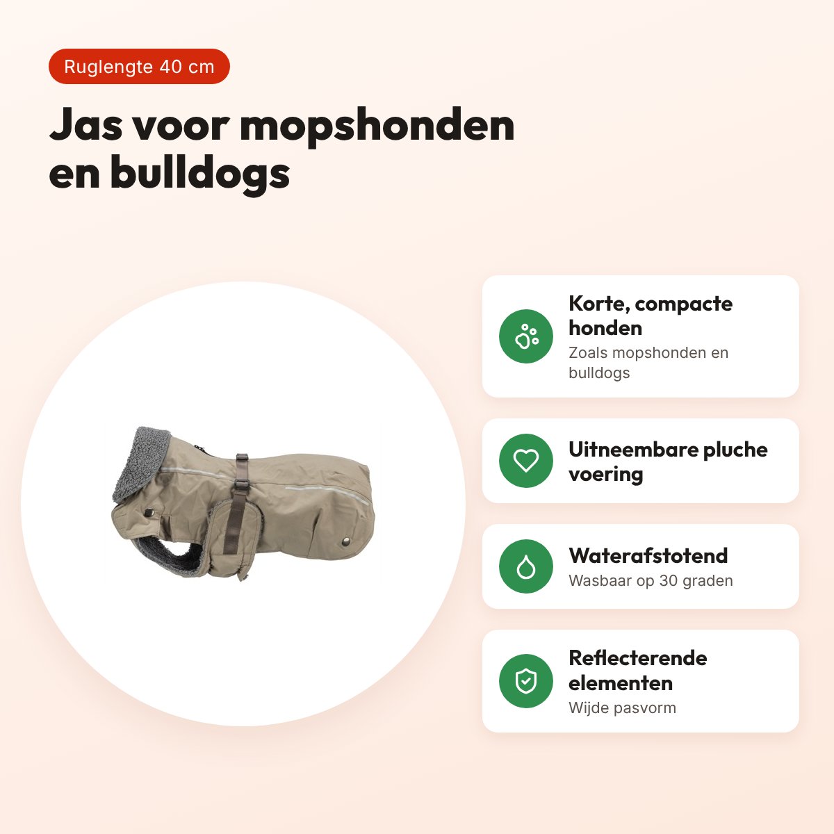 Trixie hondenjas Rouen zand 40 cm – voor mopshonden en bulldogs – voordelen