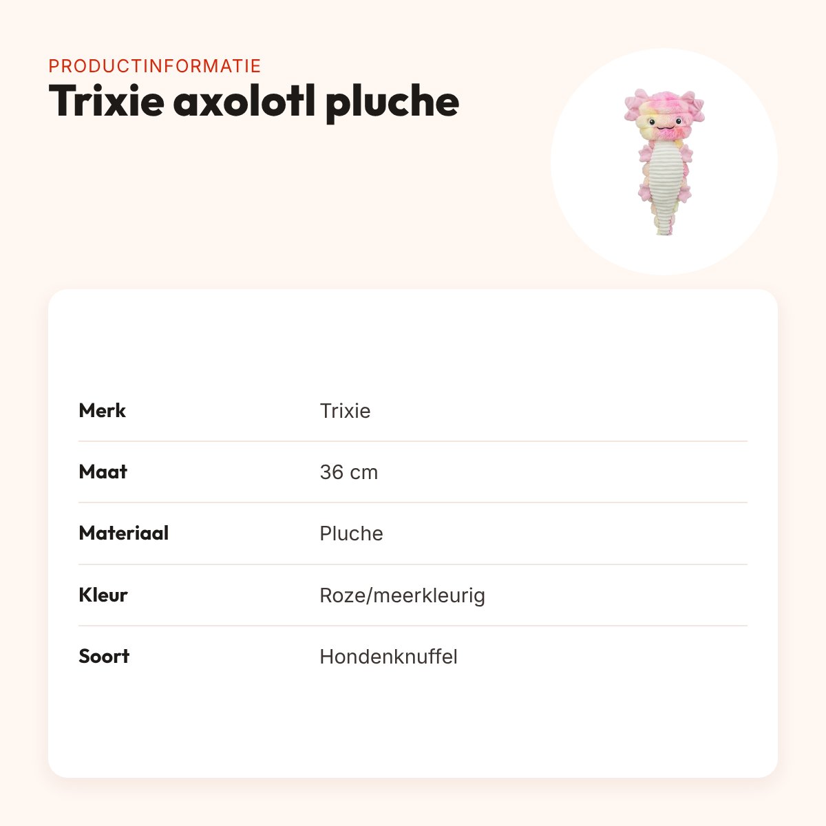 Trixie hondenknuffel axolotl pluche roze/meerkleurig 36 cm – ritselt – productinformatie