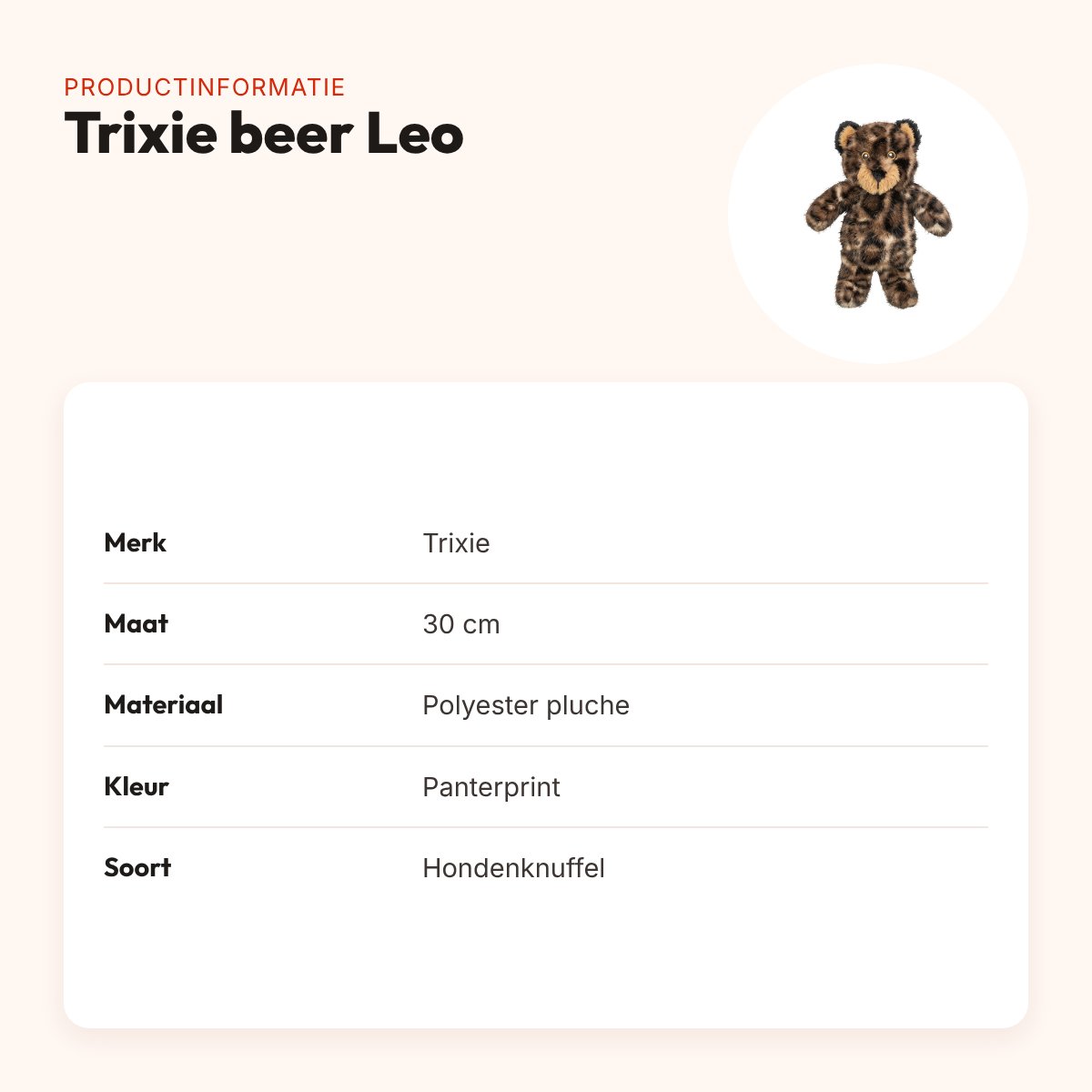 Trixie hondenknuffel beer Leo pluche panterprint 30 cm – productinformatie